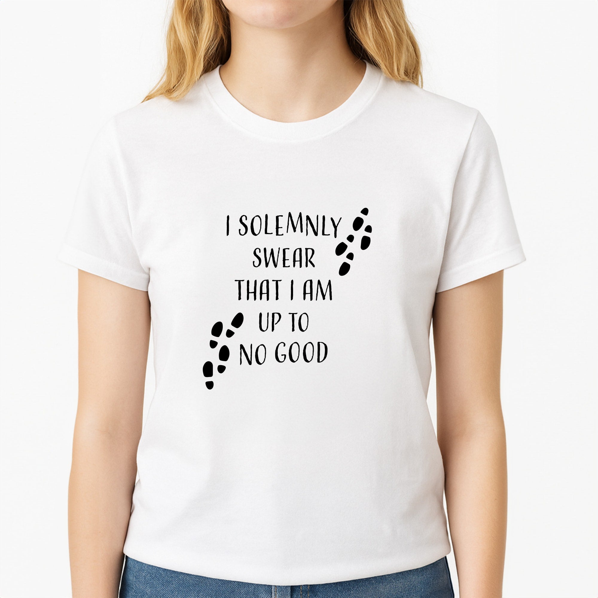 I Solemnly Swear Unisex T-Shirt, worn by a female model