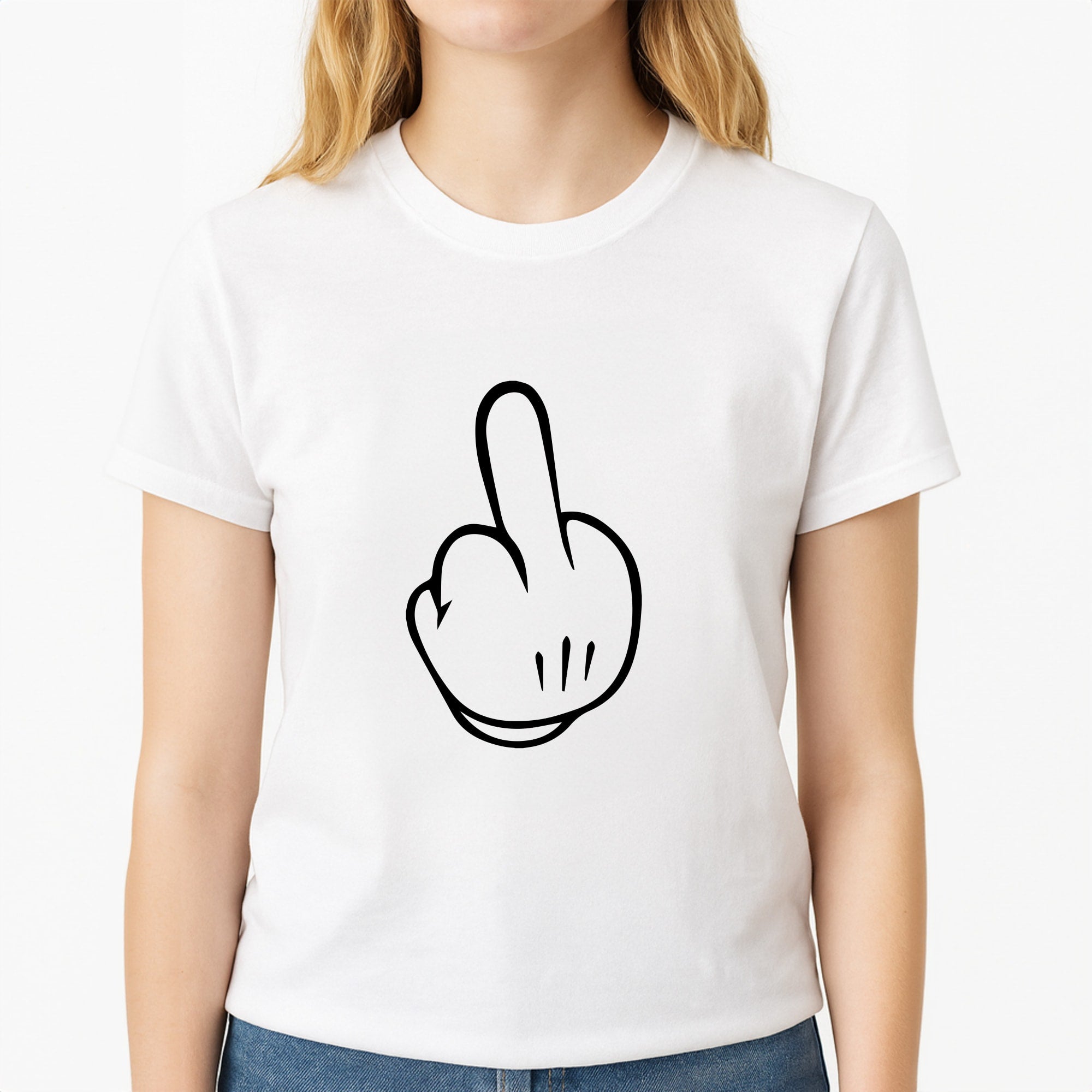Fairytale Mouse Middle Finger Unisex T-Shirt, worn by a female model