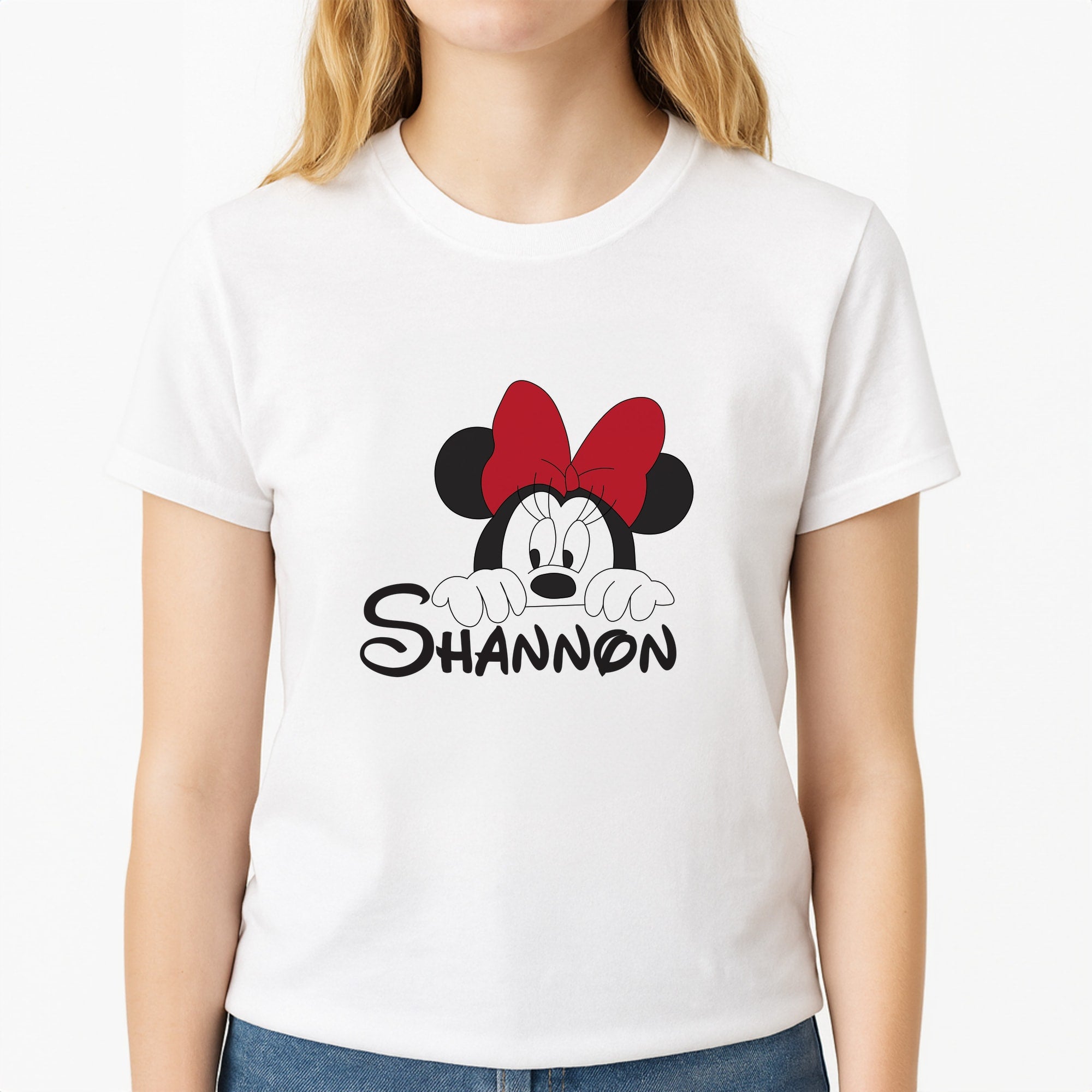 Minnie Mouse - Personalised Fairytale Unisex T-Shirt, worn by a female model
