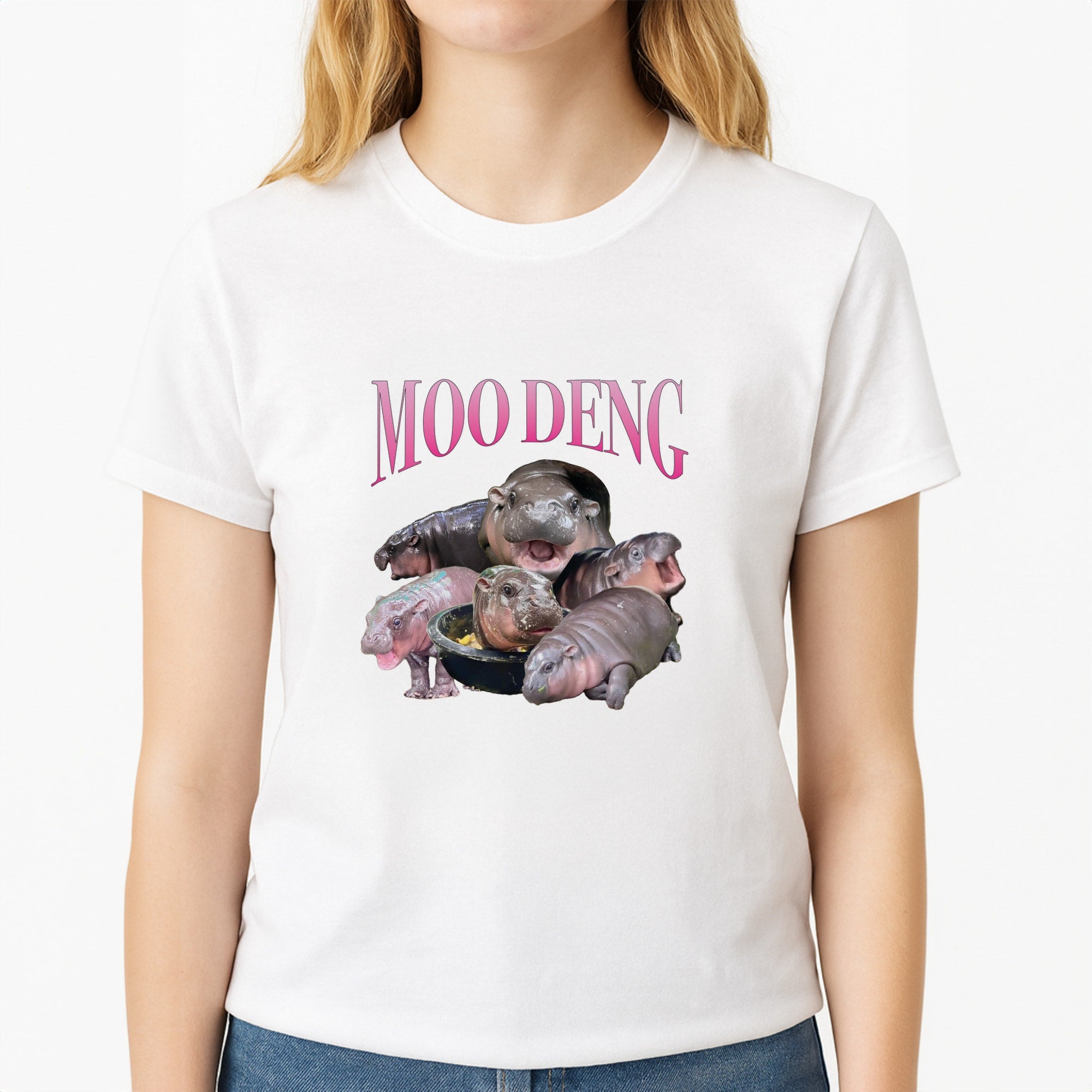 Moo Collage Unisex T-Shirt, worn by a female model