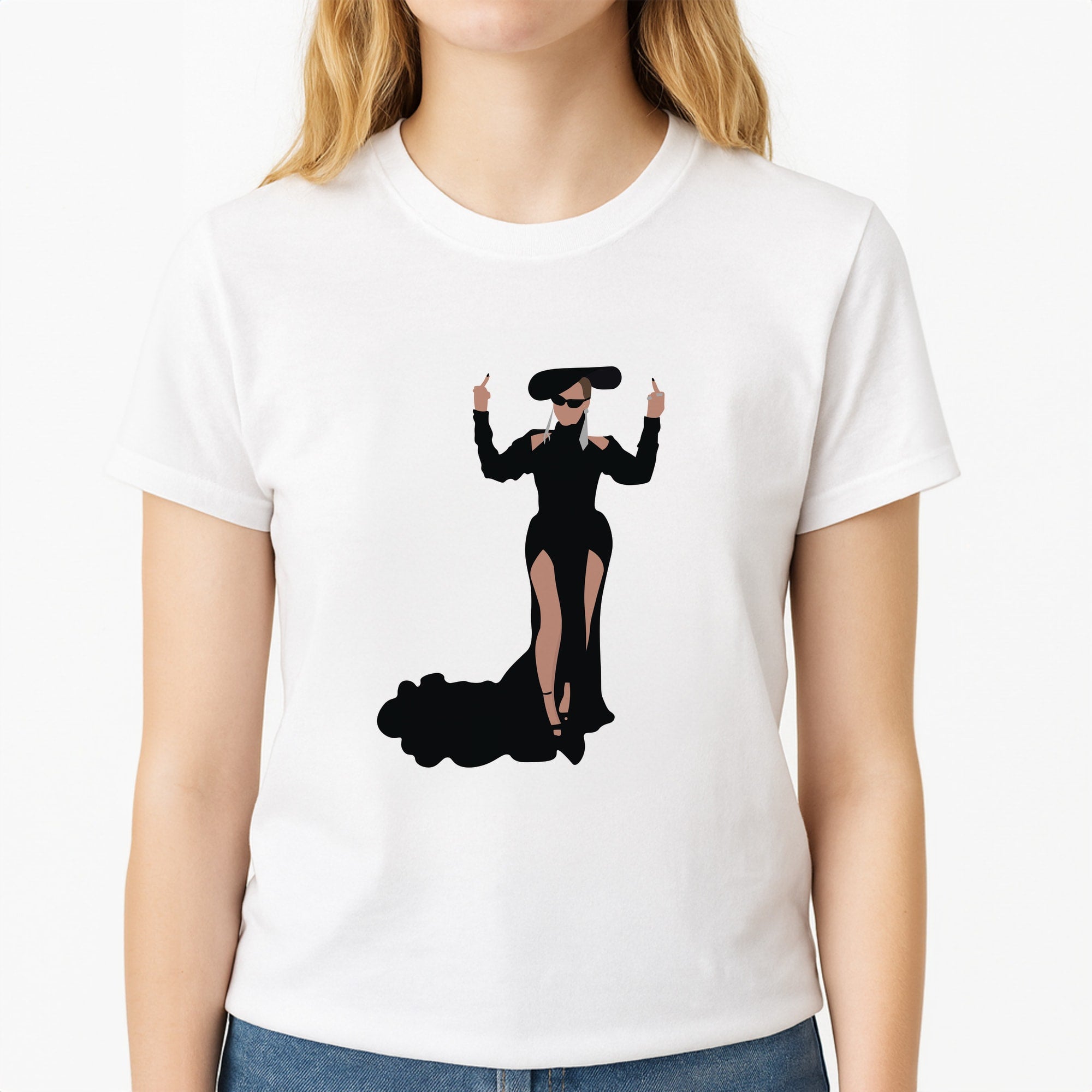 Middle Fingers - Queen B Unisex T-Shirt, worn by a female model