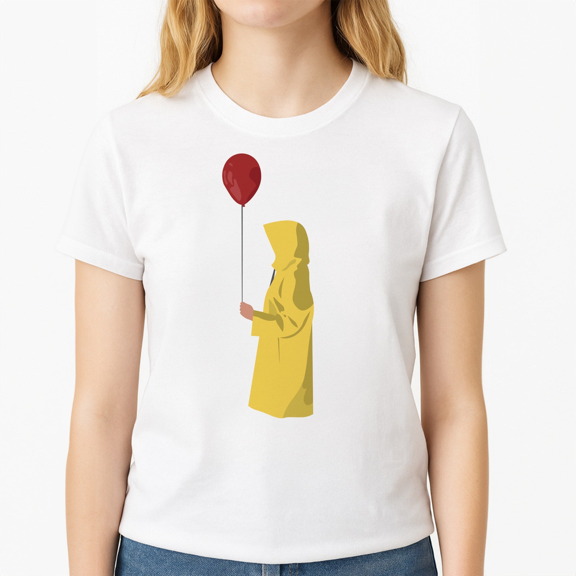 Holding Balloon - Clown Unisex T-Shirt, worn by a female model