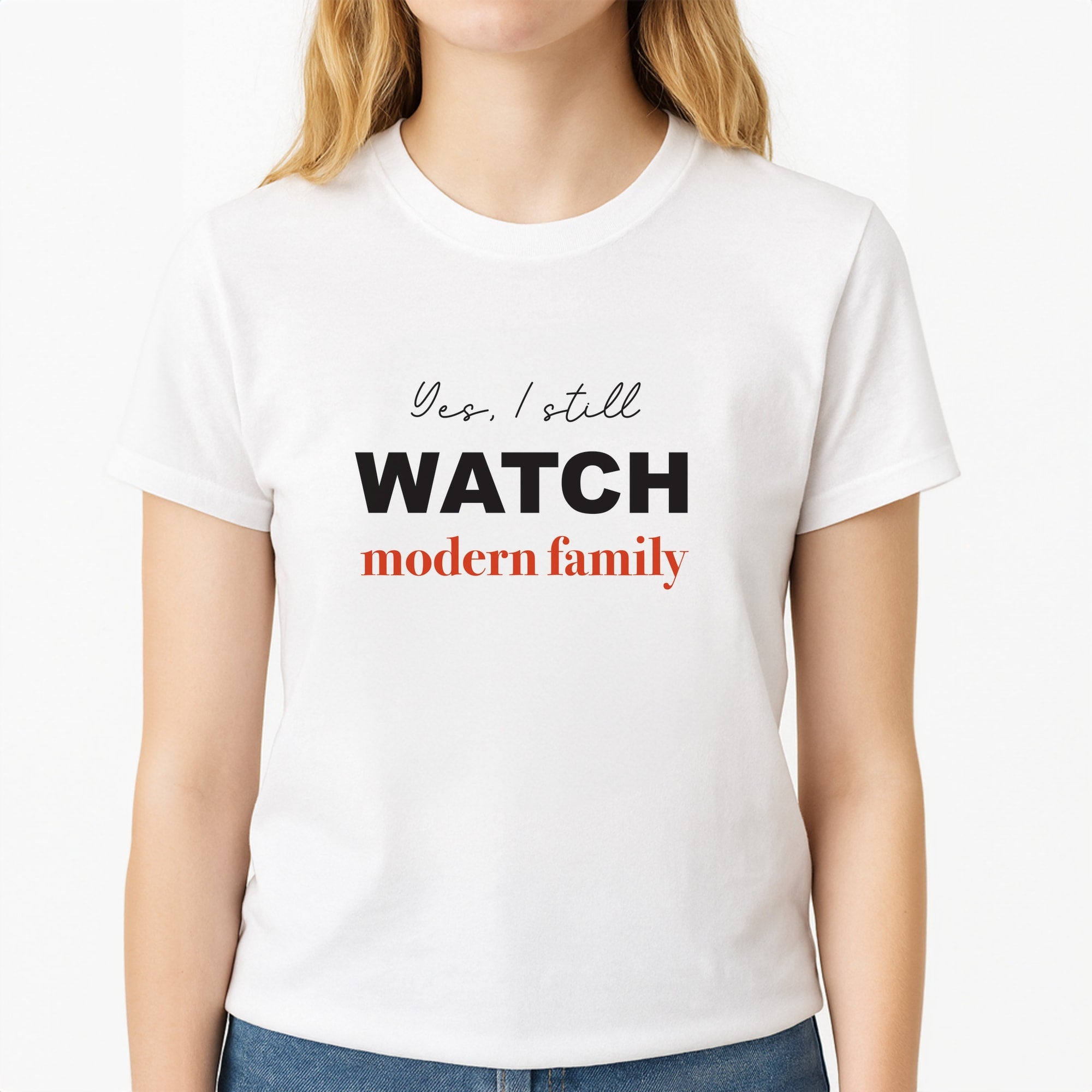 Yes I still Watch Unisex T-Shirt, worn by a female model