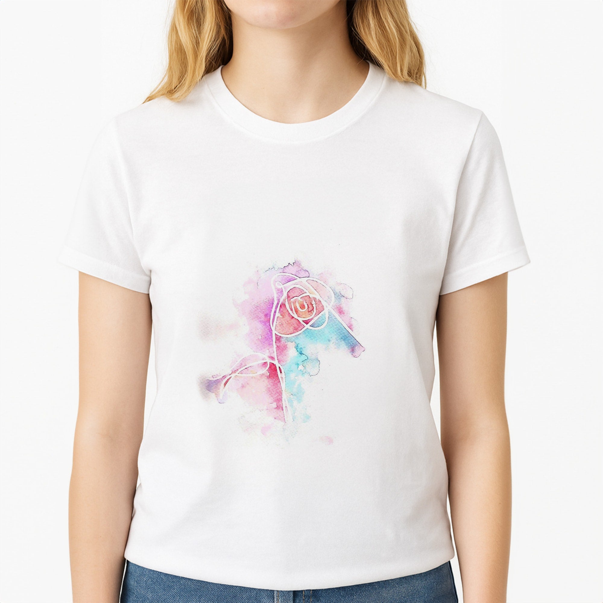 K-Pop Band Love Yourself Watercolour Painting Unisex T-Shirt, worn by a female model