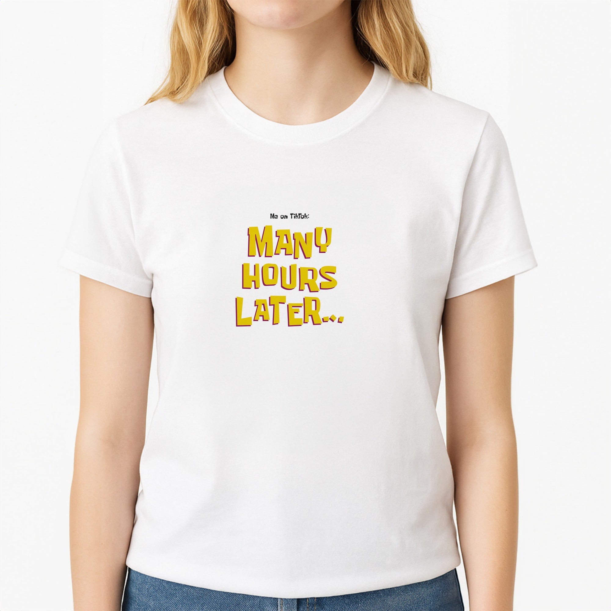 Many Hours Later Unisex T-Shirt, worn by a female model