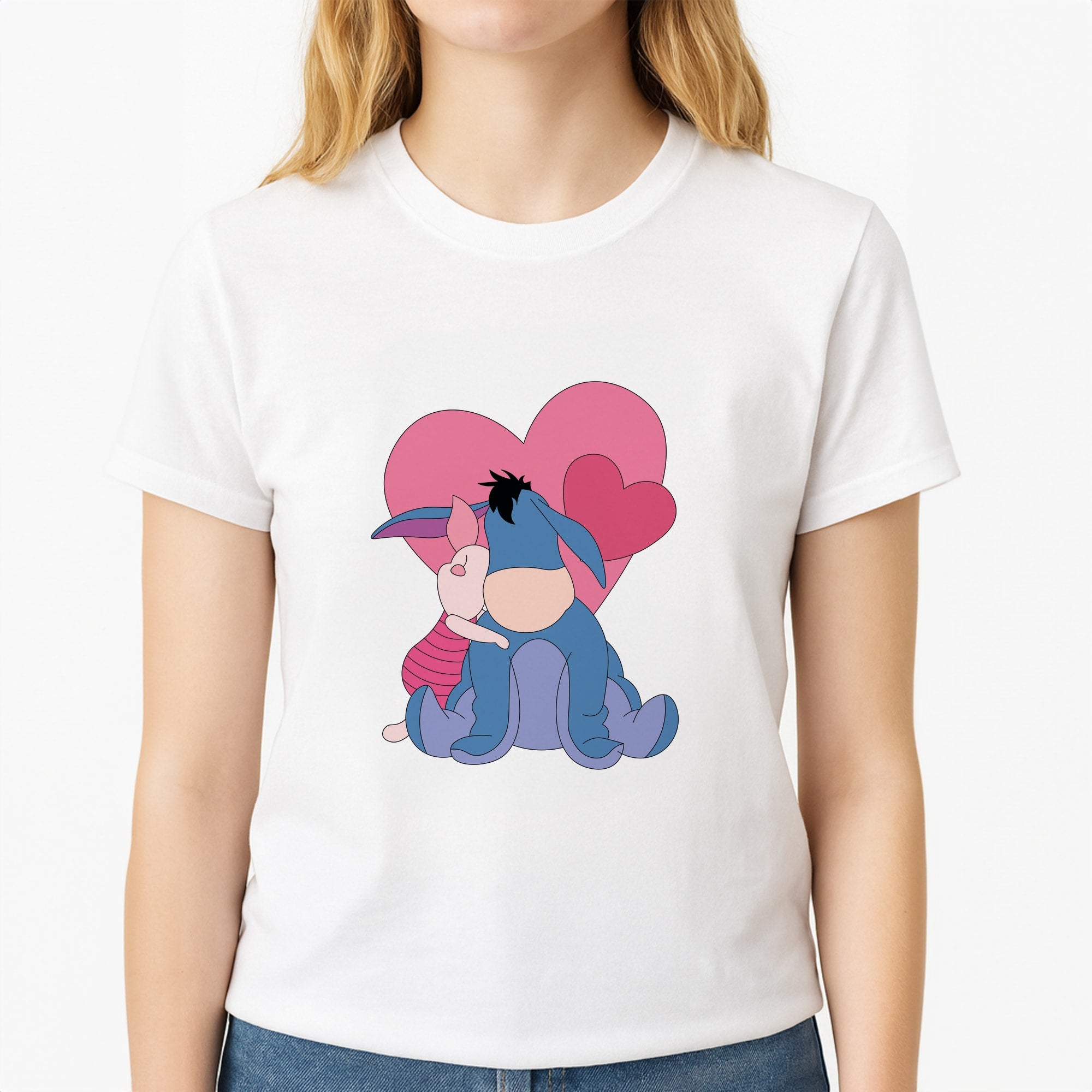 Donkey and Pig Valentine's Unisex T-Shirt, worn by a female model