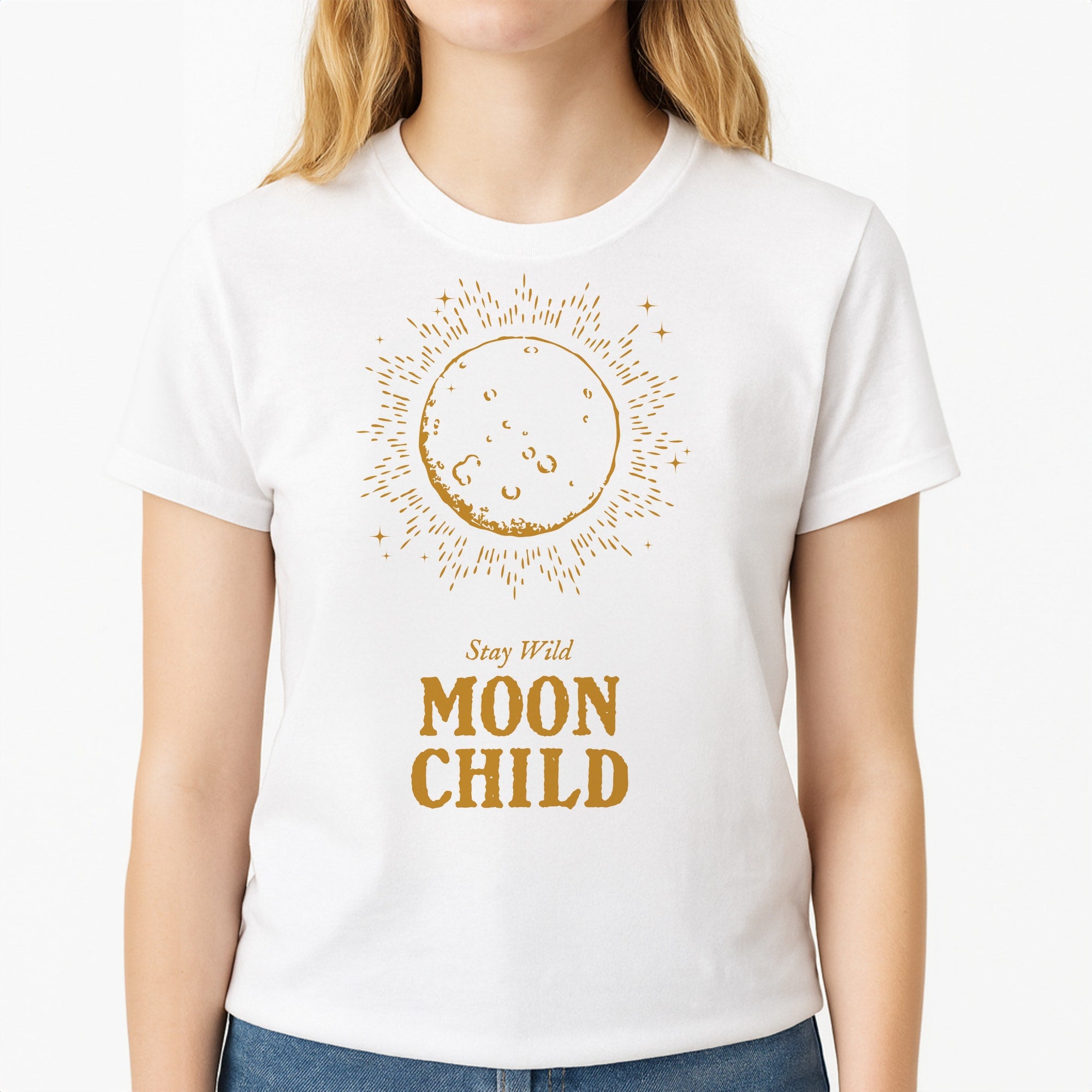 Stay Wild, Moon Child Unisex T-Shirt, worn by a female model