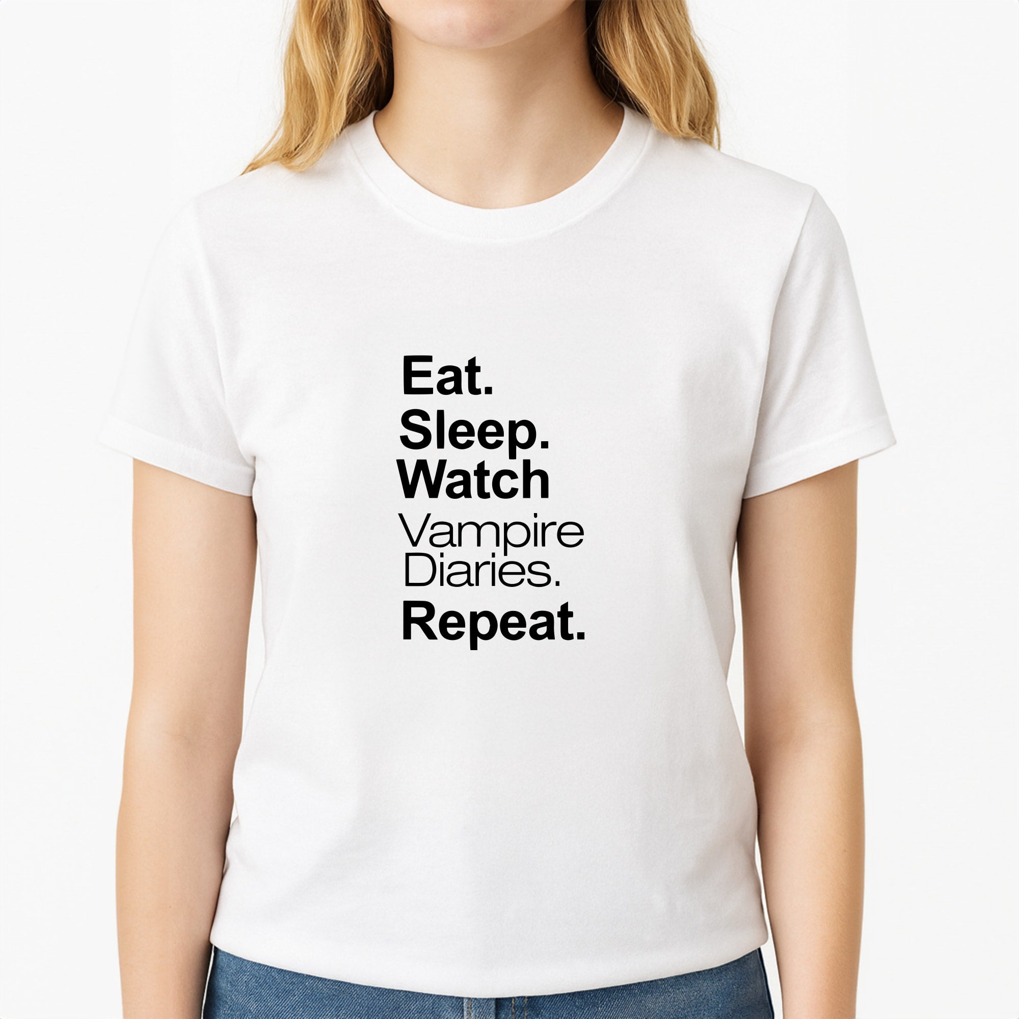 Eat Sleep Watch VPD Repeat Unisex T-Shirt, worn by a female model