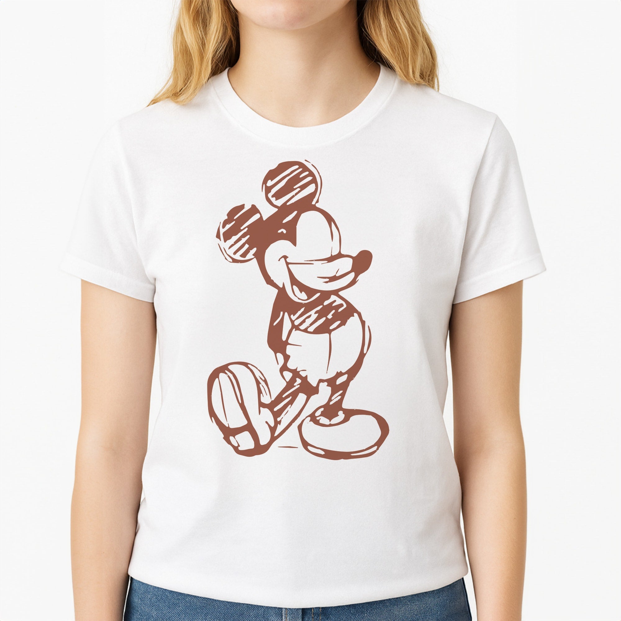 Sketched Mouse Outline Beige Unisex T-Shirt, worn by a female model