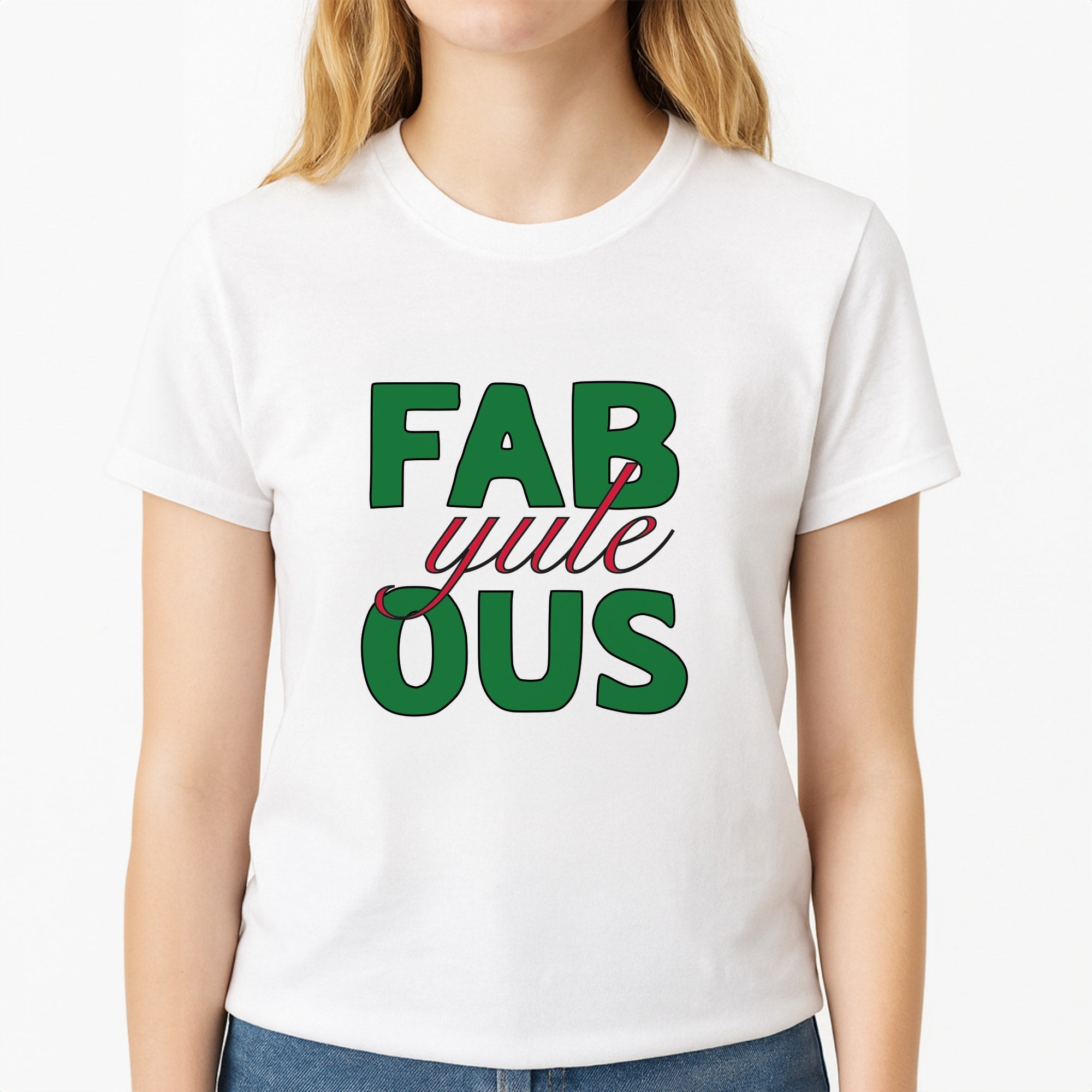 Fab-Yule-Ous Red - Christmas Puns Unisex T-Shirt, worn by a female model
