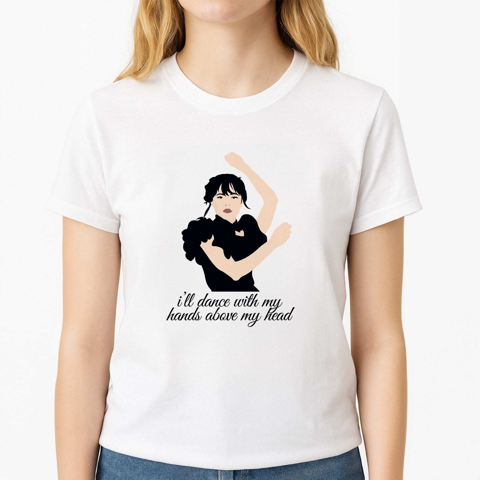 I'll Dance With My Hands Above My Head Wednesday Unisex T-Shirt, worn by a female model