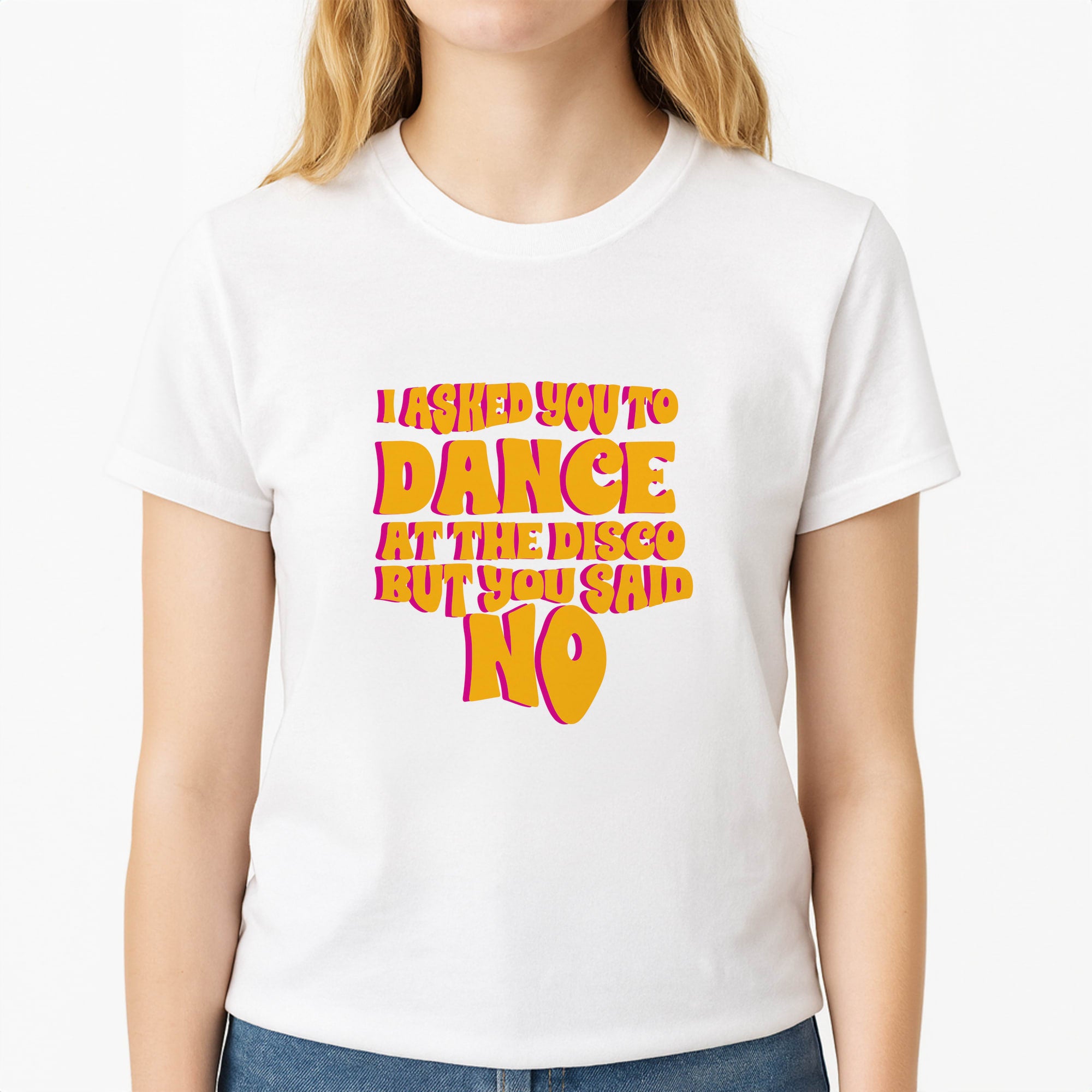 I Asked You To Dance At The Disco But You Said No - Bust Band Unisex T-Shirt, worn by a female model