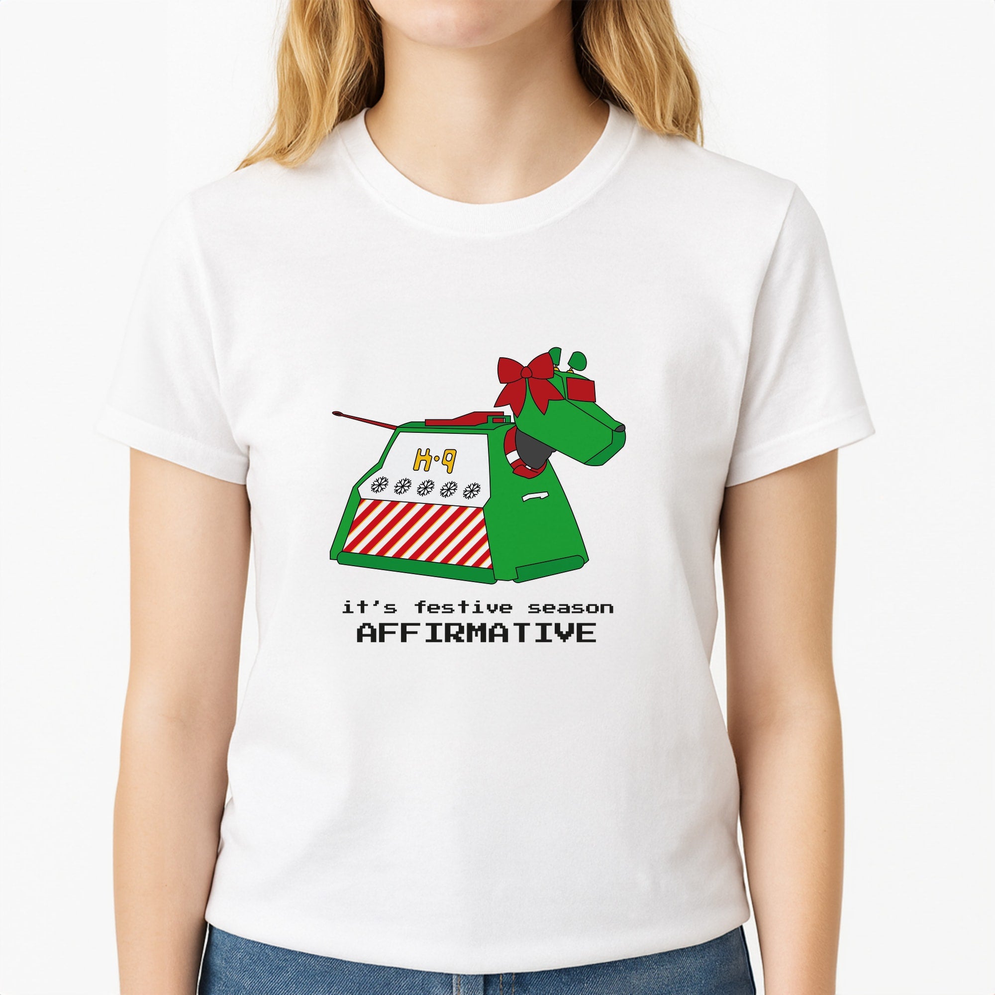 K9 Festive Season - Doctor Who Unisex T-Shirt, worn by a female model