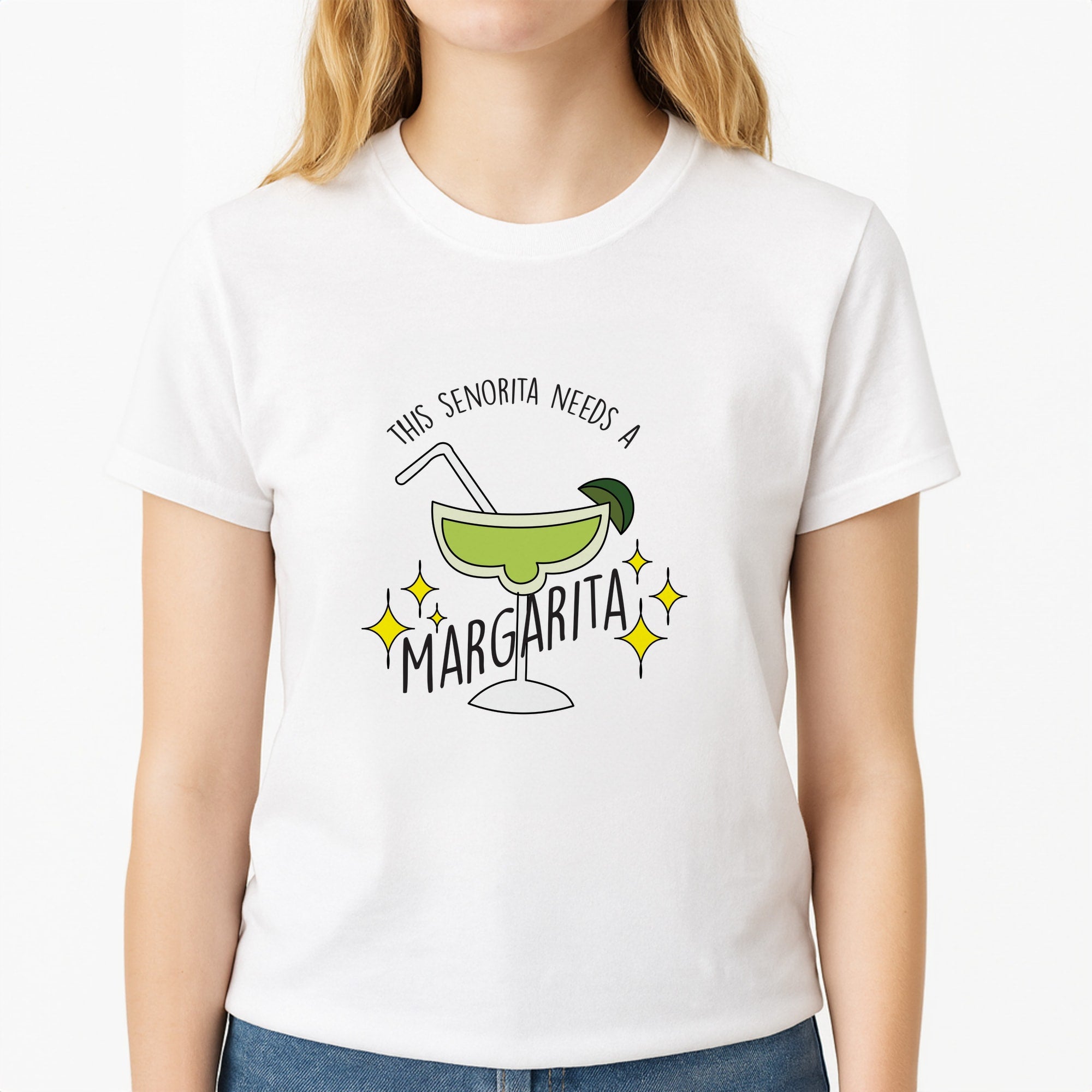 This Senorita Needs A Margarita - Funny Quotes Unisex T-Shirt, worn by a female model