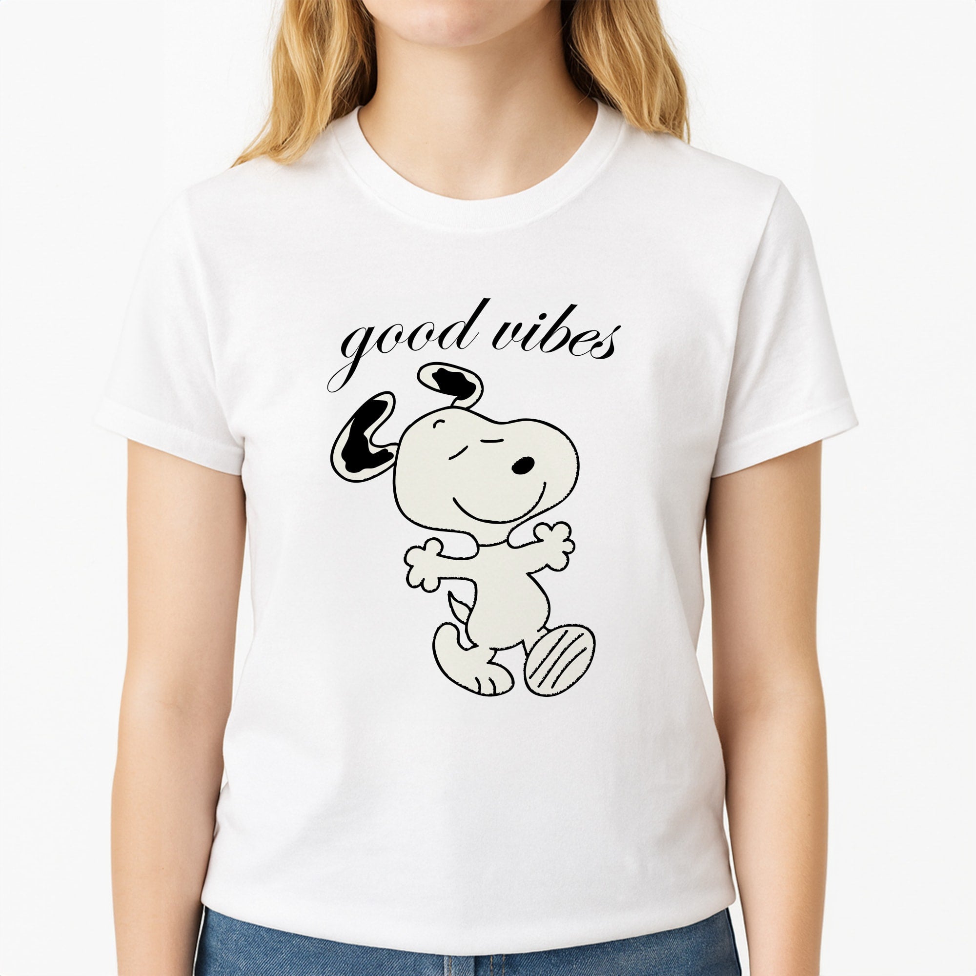 Good Vibes Cartoon Beagle Unisex T-Shirt, worn by a female model
