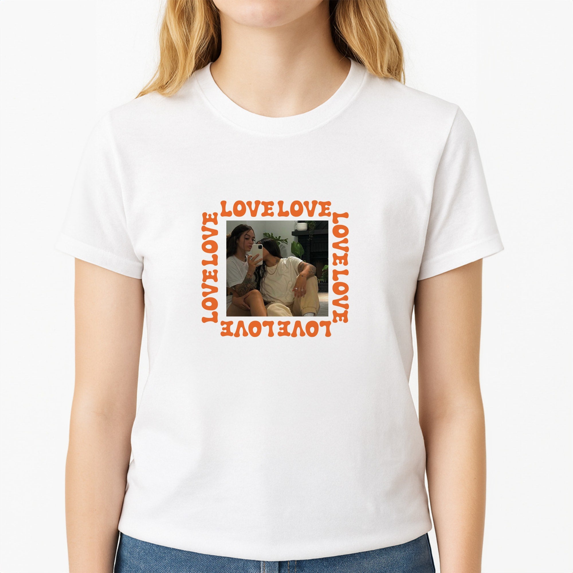 Love, Love, Love - Personalised Couples Unisex T-Shirt, worn by a female model