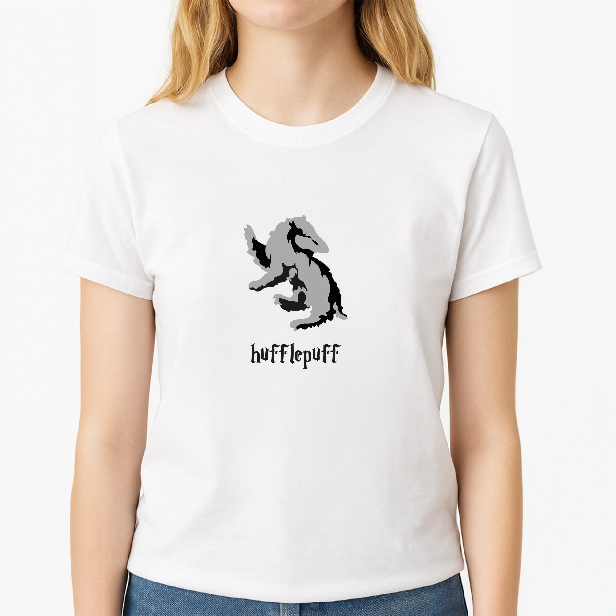 Hufflepuff Unisex T-Shirt, worn by a female model