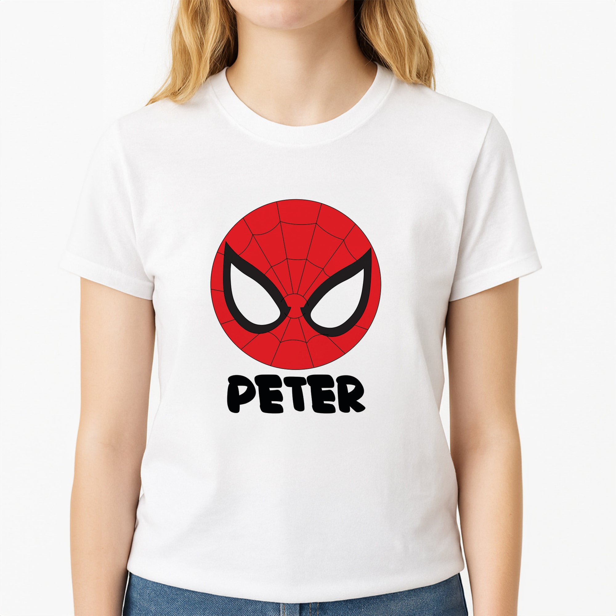 SpiderMan - Personalised Superhero Comic Unisex T-Shirt, worn by a female model