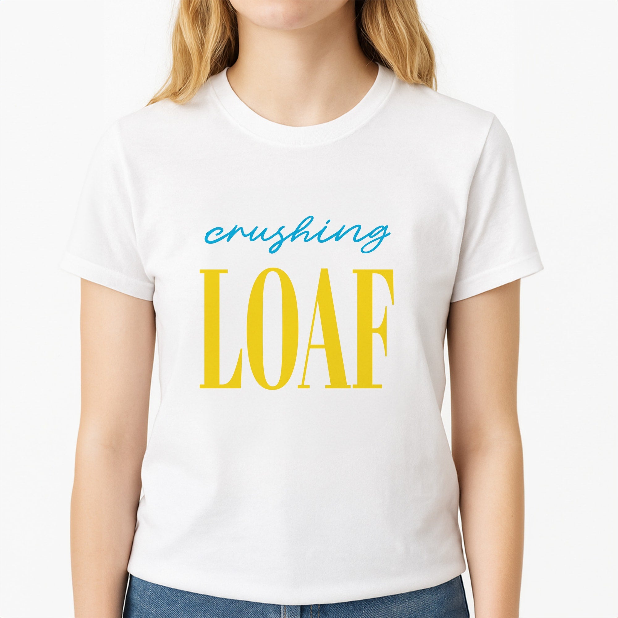 Crushing Loaf Blue Unisex T-Shirt, worn by a female model