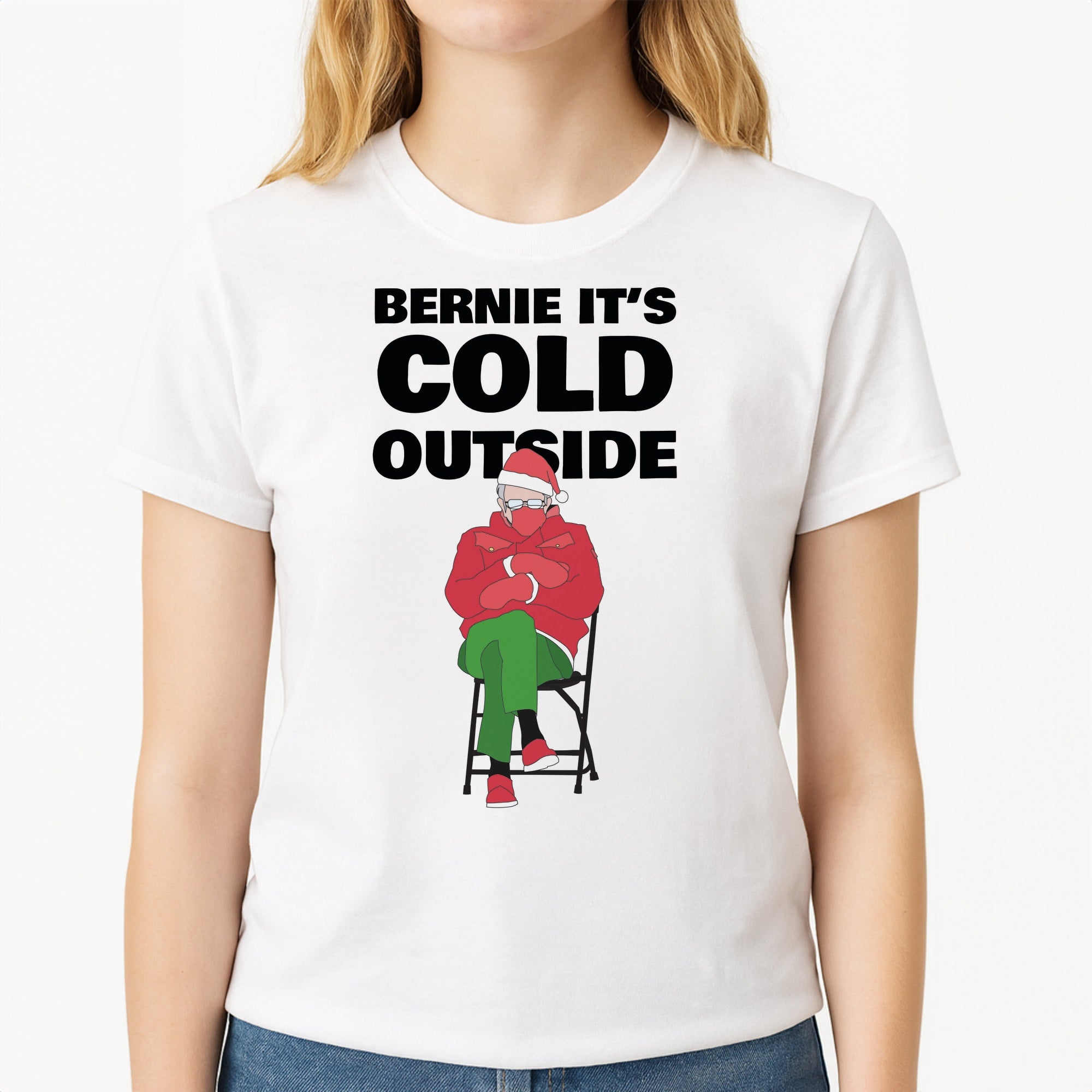 Bernie It's Cold Outside Unisex T-Shirt, worn by a female model