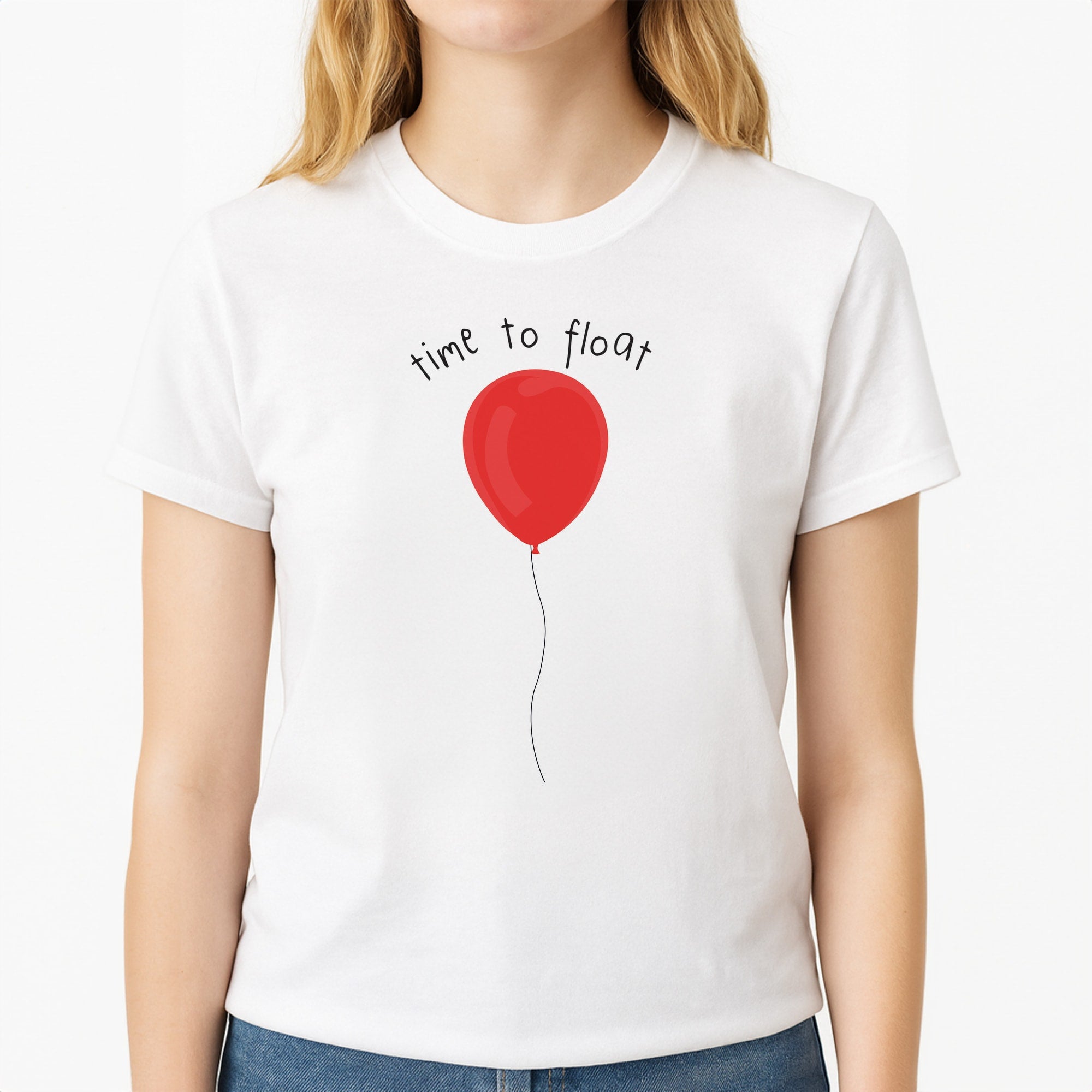 Time To Float - Clown Unisex T-Shirt, worn by a female model