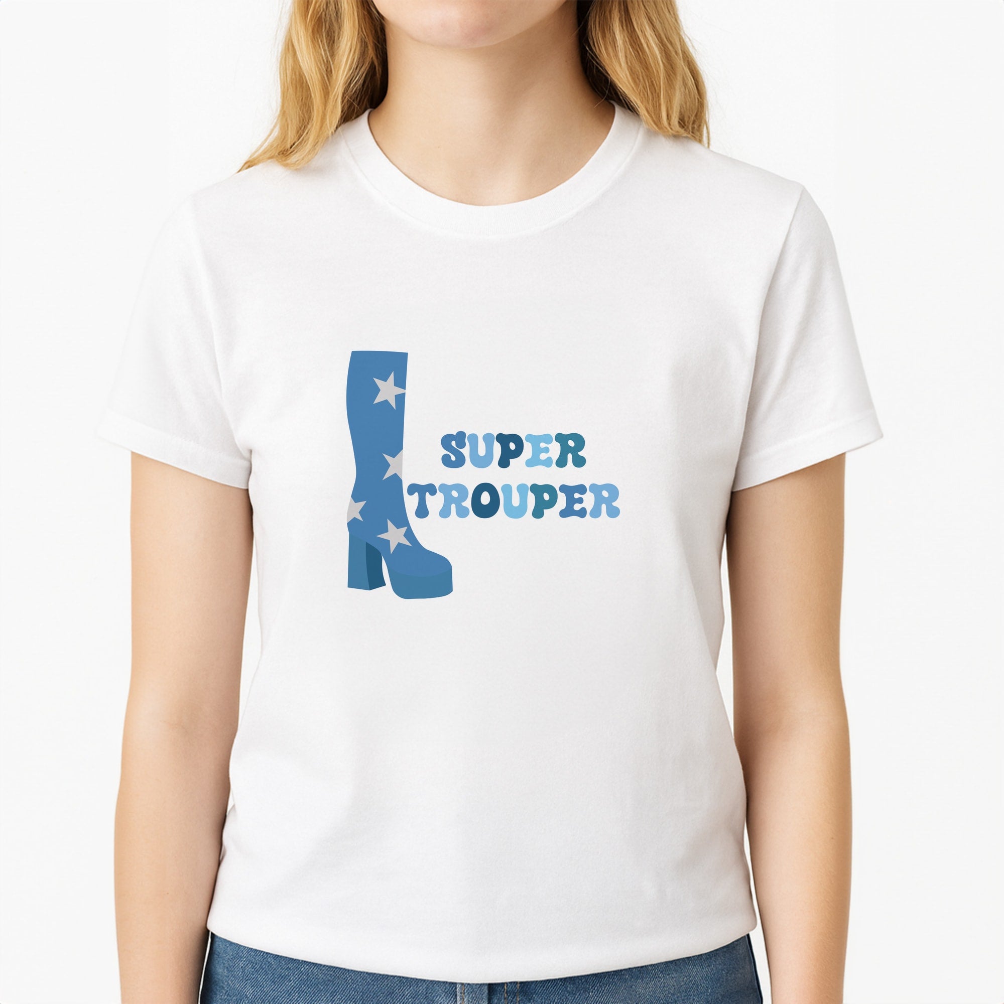 Super Trouper Unisex T-Shirt, worn by a female model