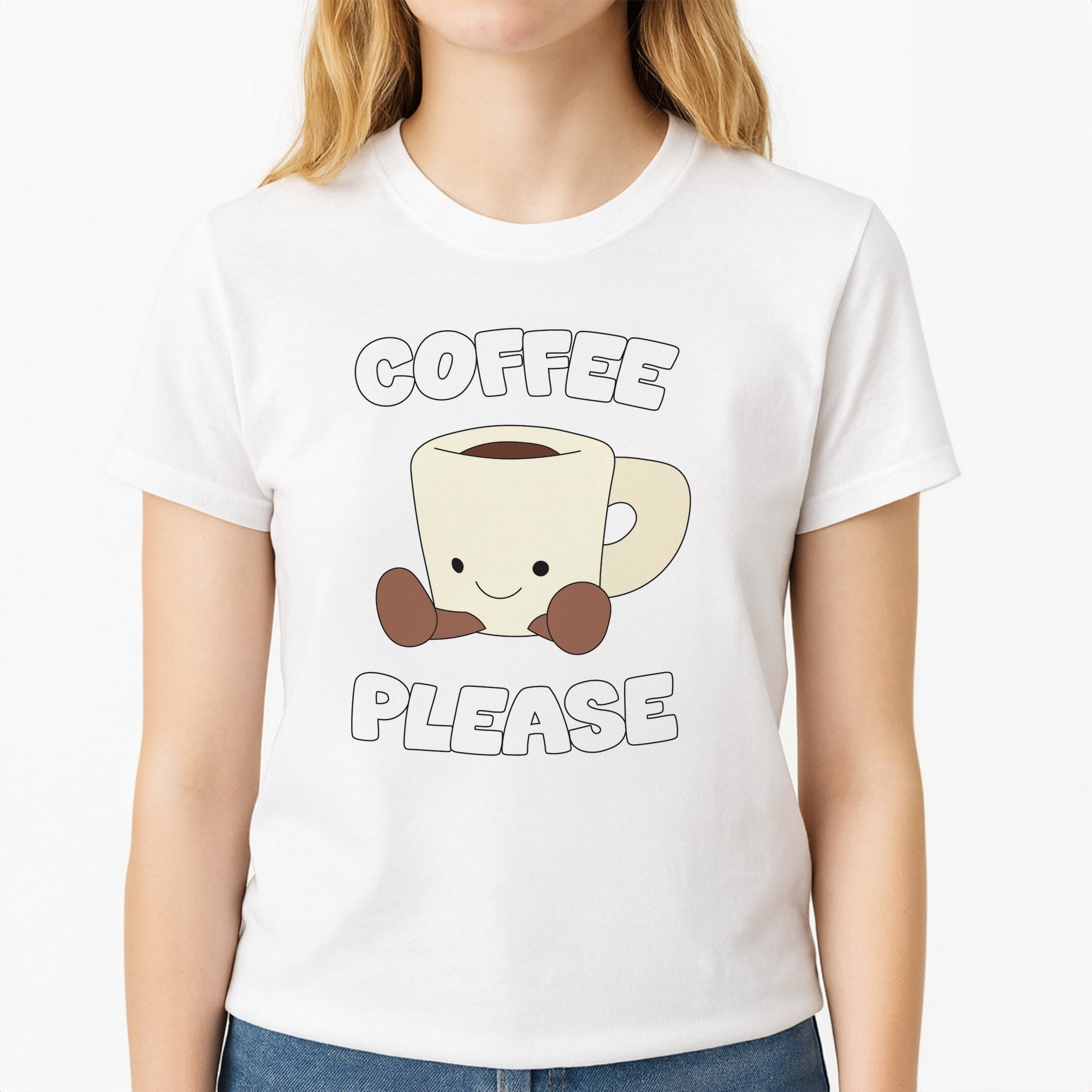 Coffee Please Mug Unisex T-Shirt, worn by a female model