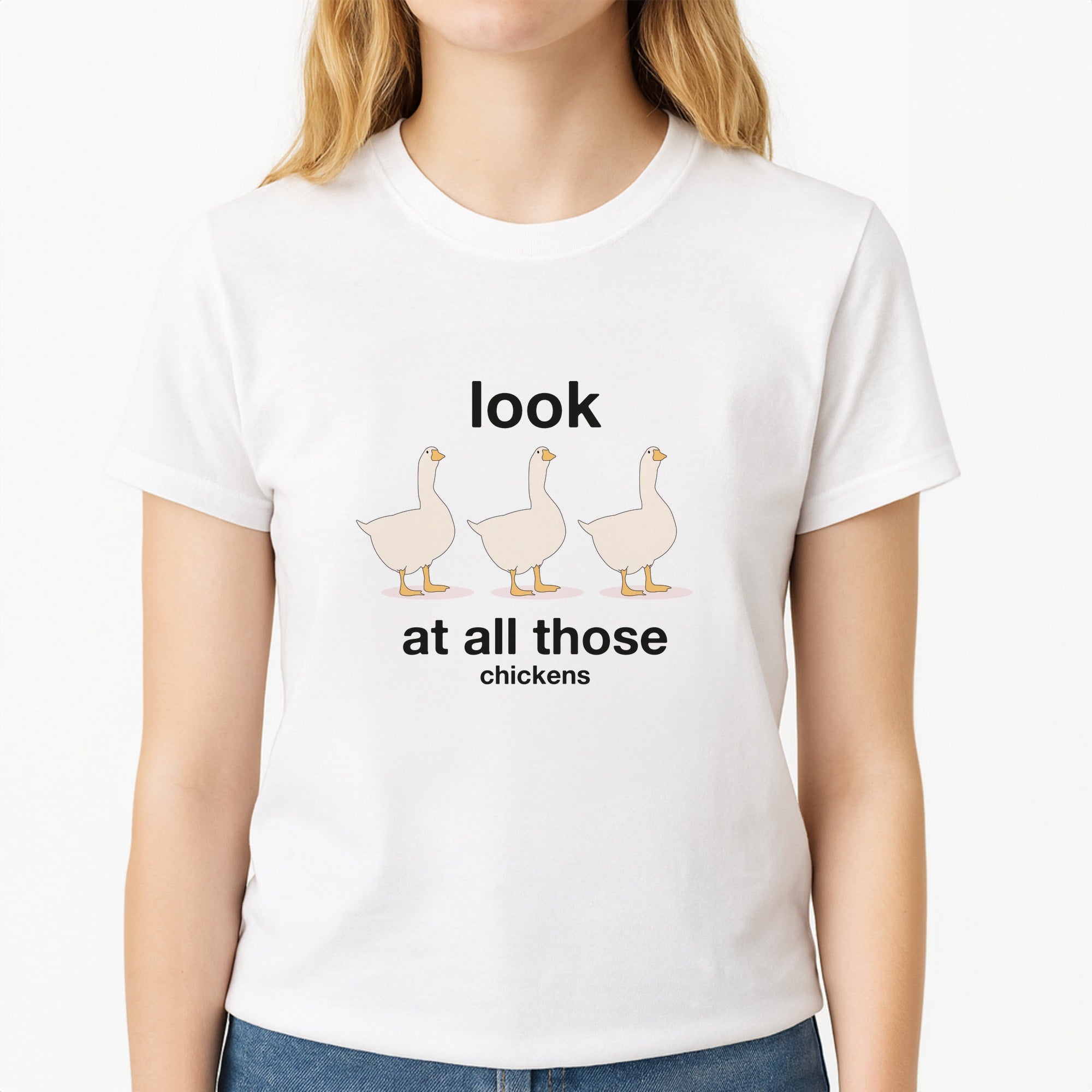 Look At All Those Chickens - Memes Unisex T-Shirt, worn by a female model
