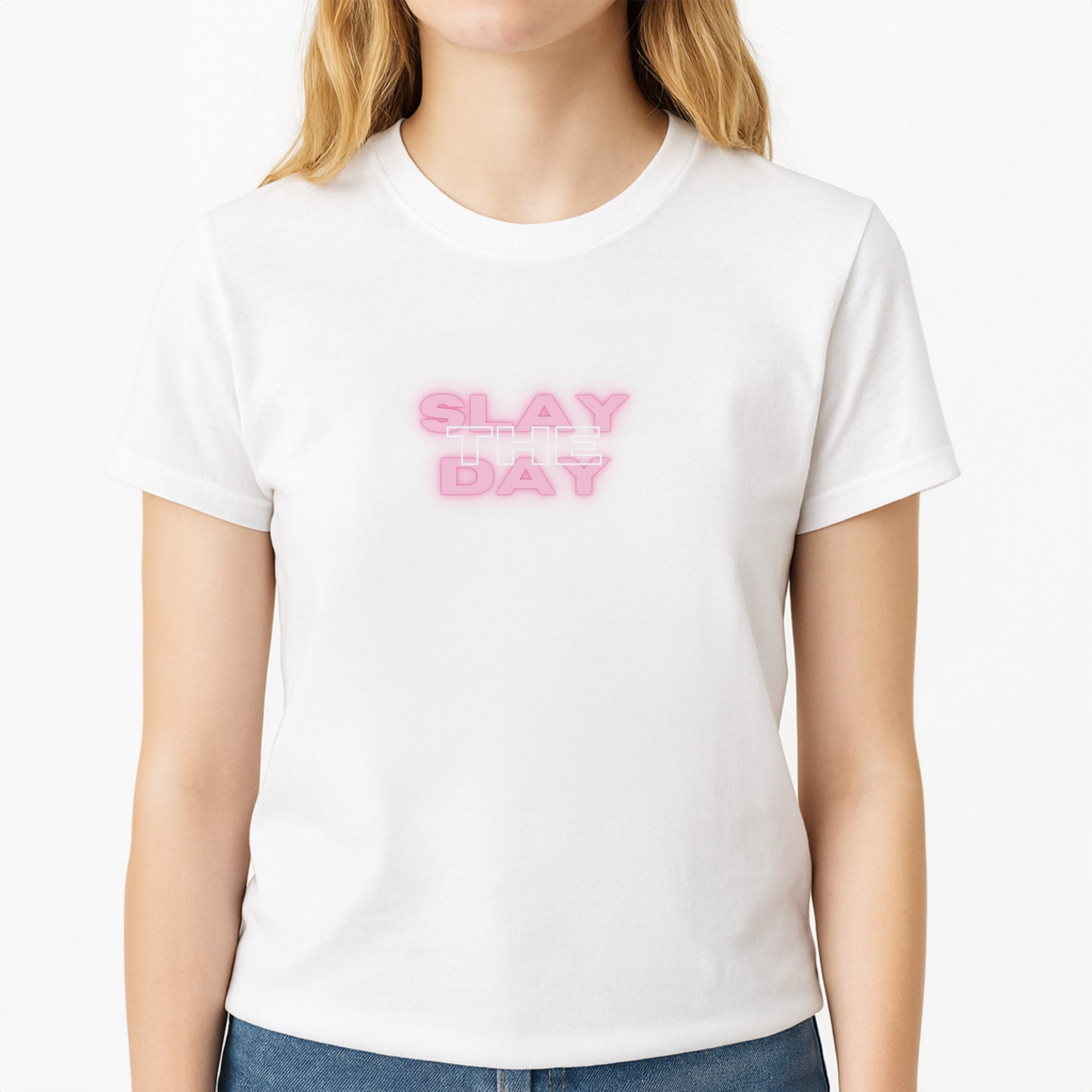 Slay The Day - Sassy Quote Unisex T-Shirt, worn by a female model