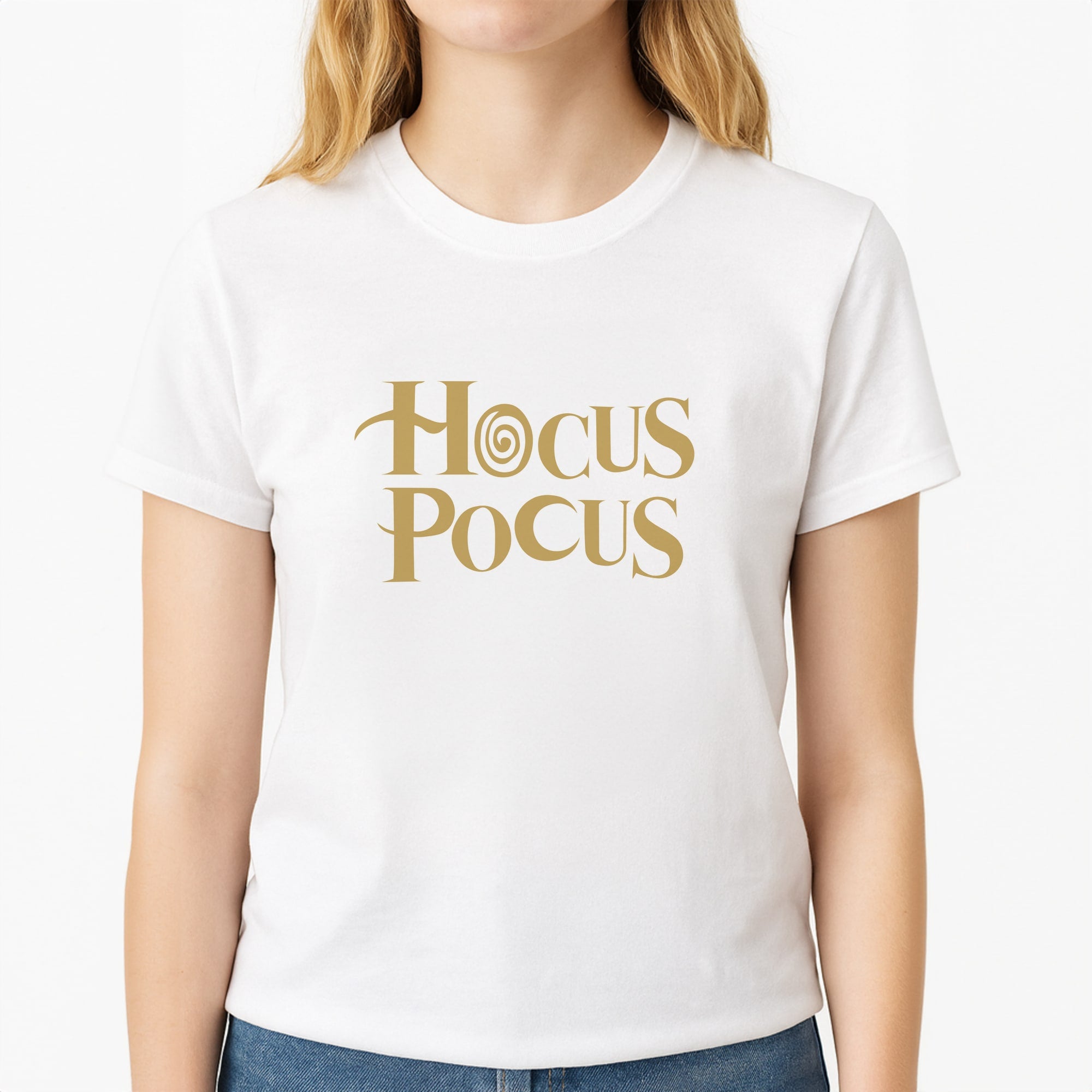 Text - Hocus Halloween Unisex T-Shirt, worn by a female model