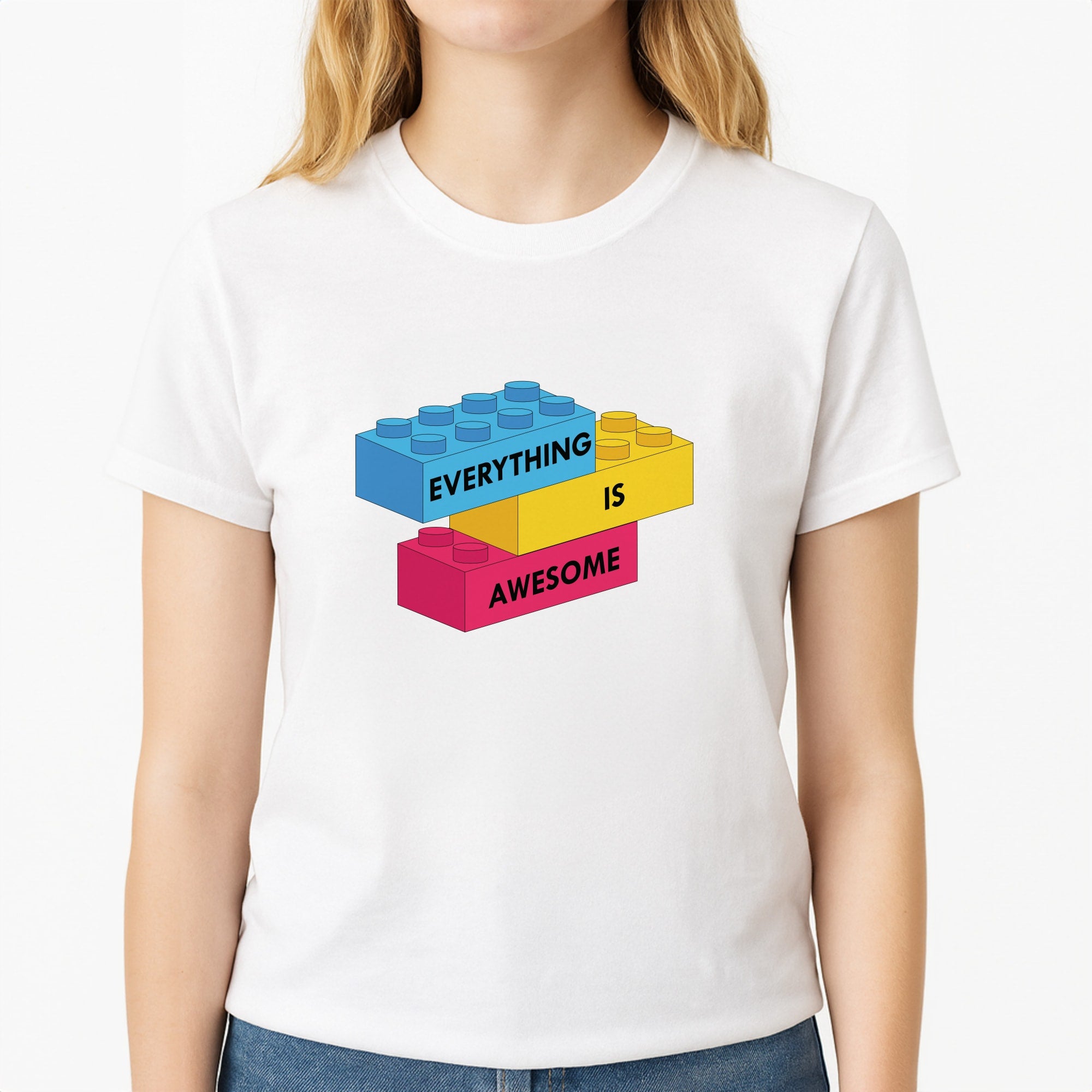 Everything Is Awesome Bricks Unisex T-Shirt, worn by a female model