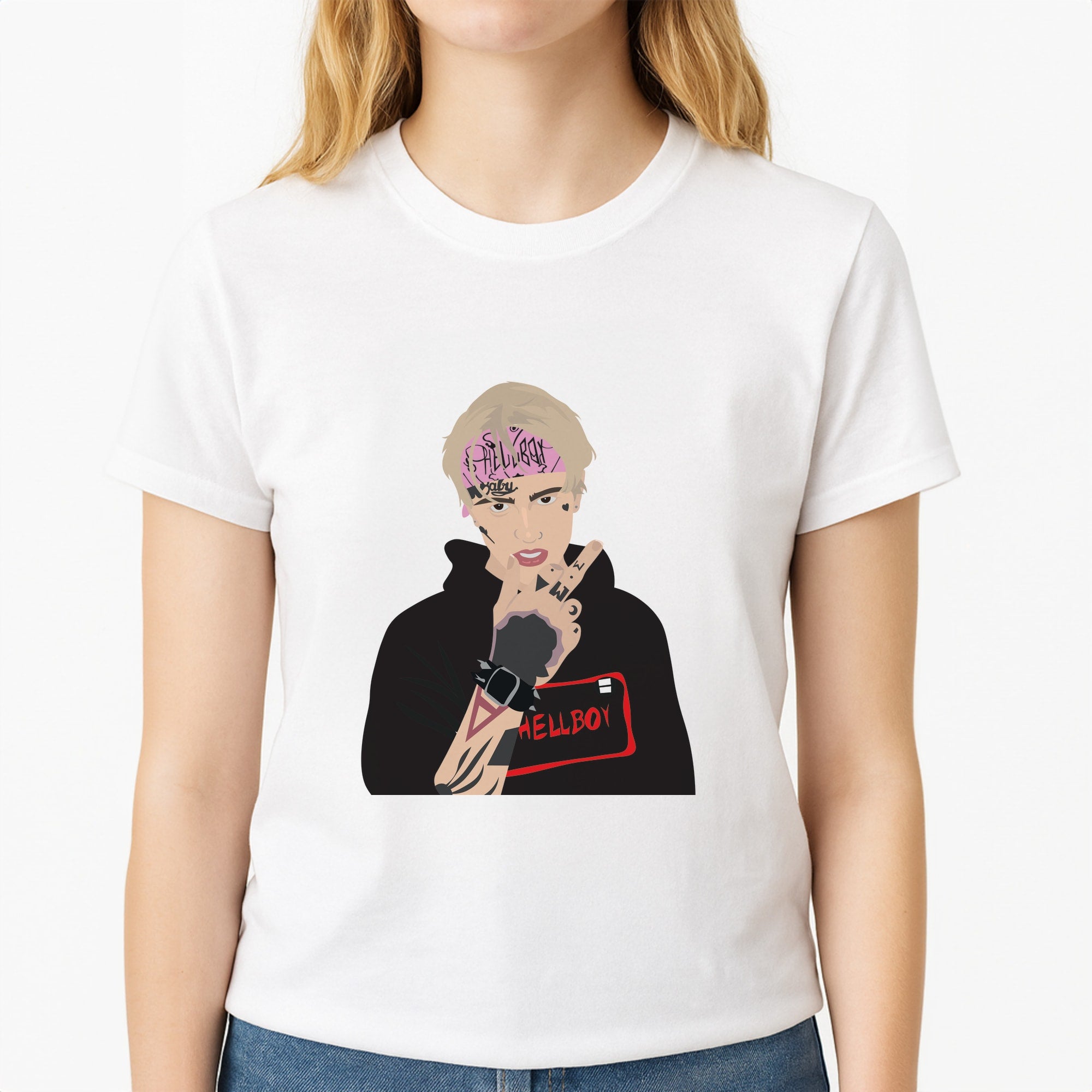 Pink Bandana - Peep Unisex T-Shirt, worn by a female model