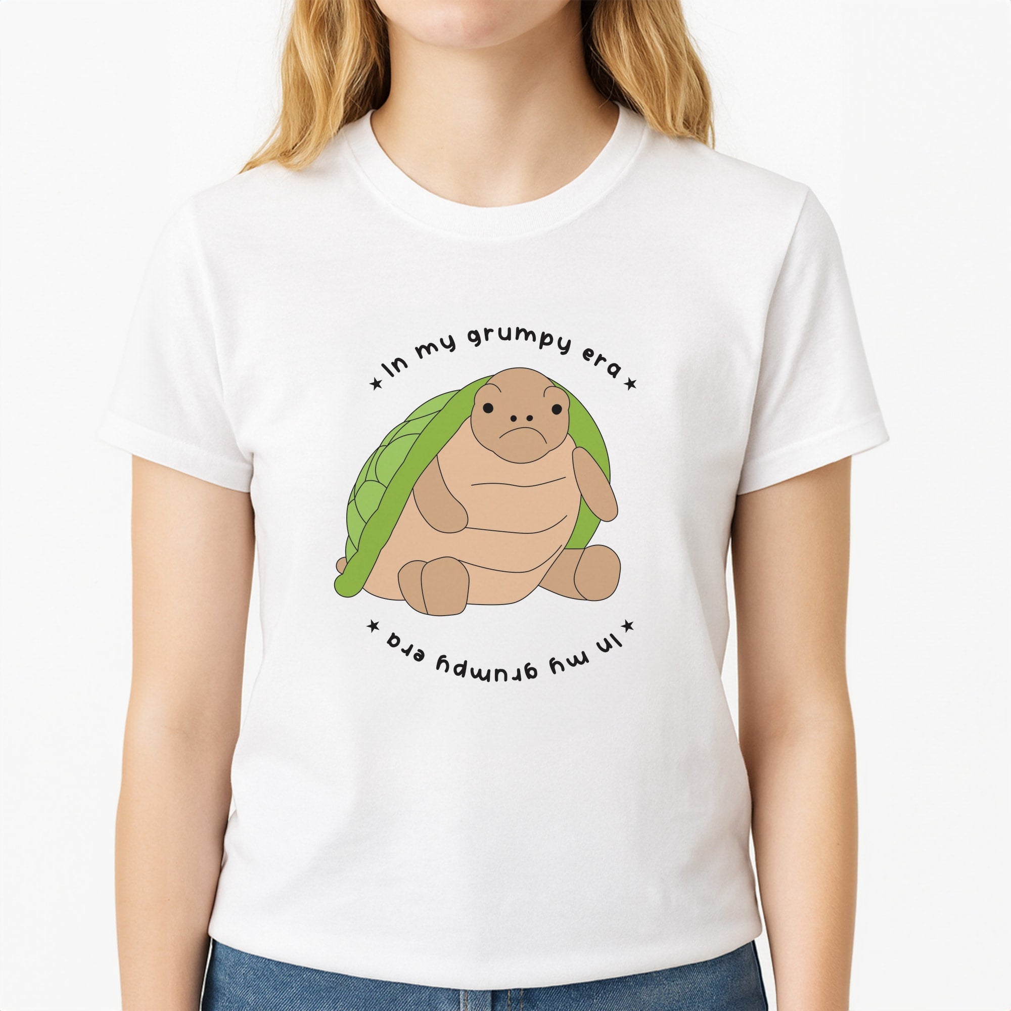 Grumpy Era Turtle Unisex T-Shirt, worn by a female model