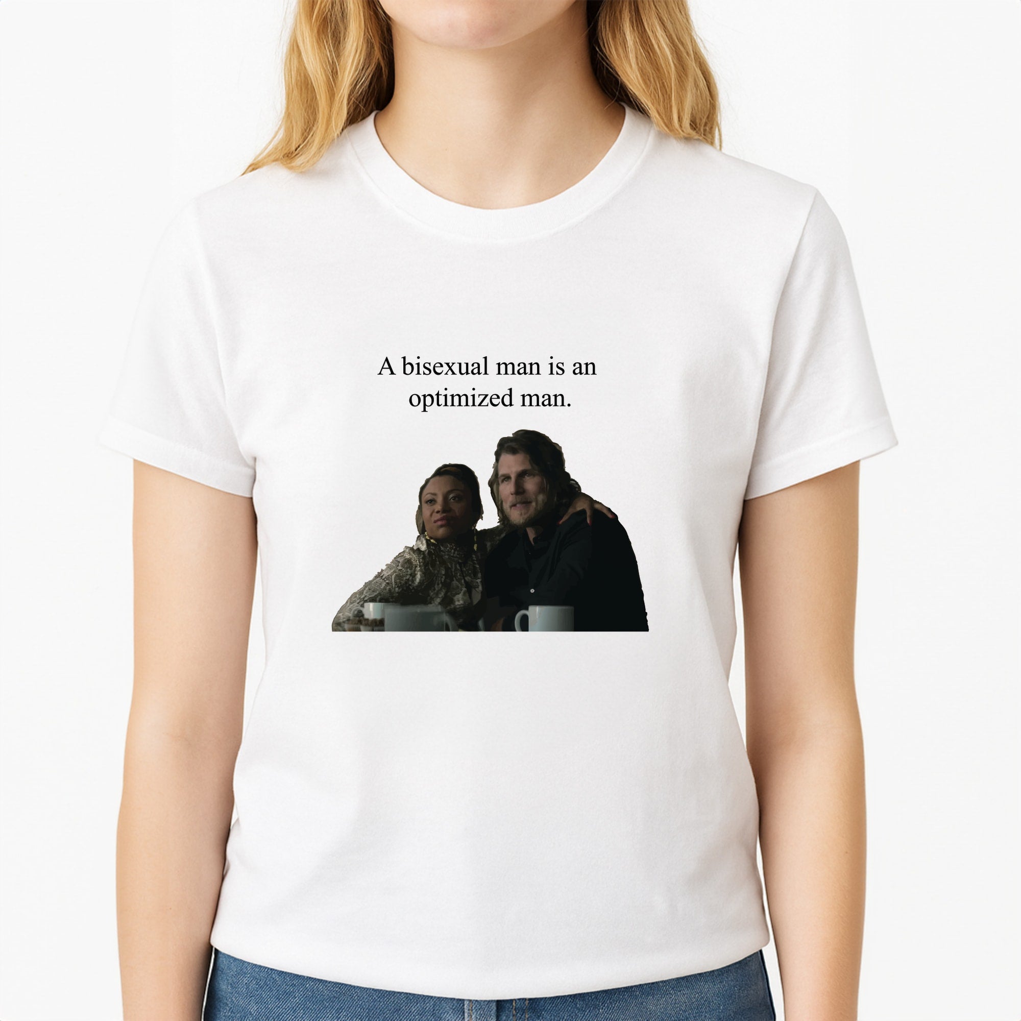A Bisexual Man Unisex T-Shirt, worn by a female model
