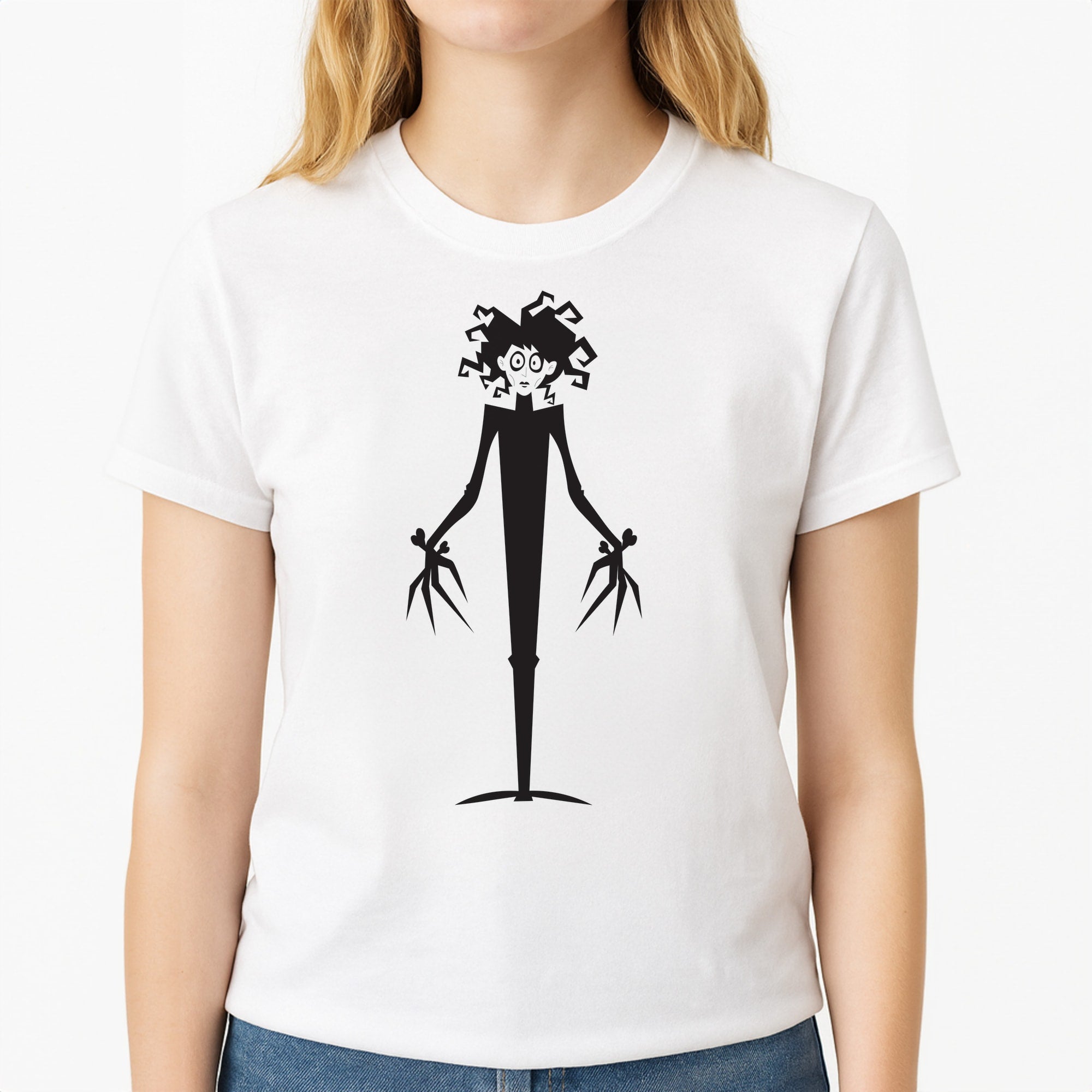 Cartoon - Scissorhands Unisex T-Shirt, worn by a female model