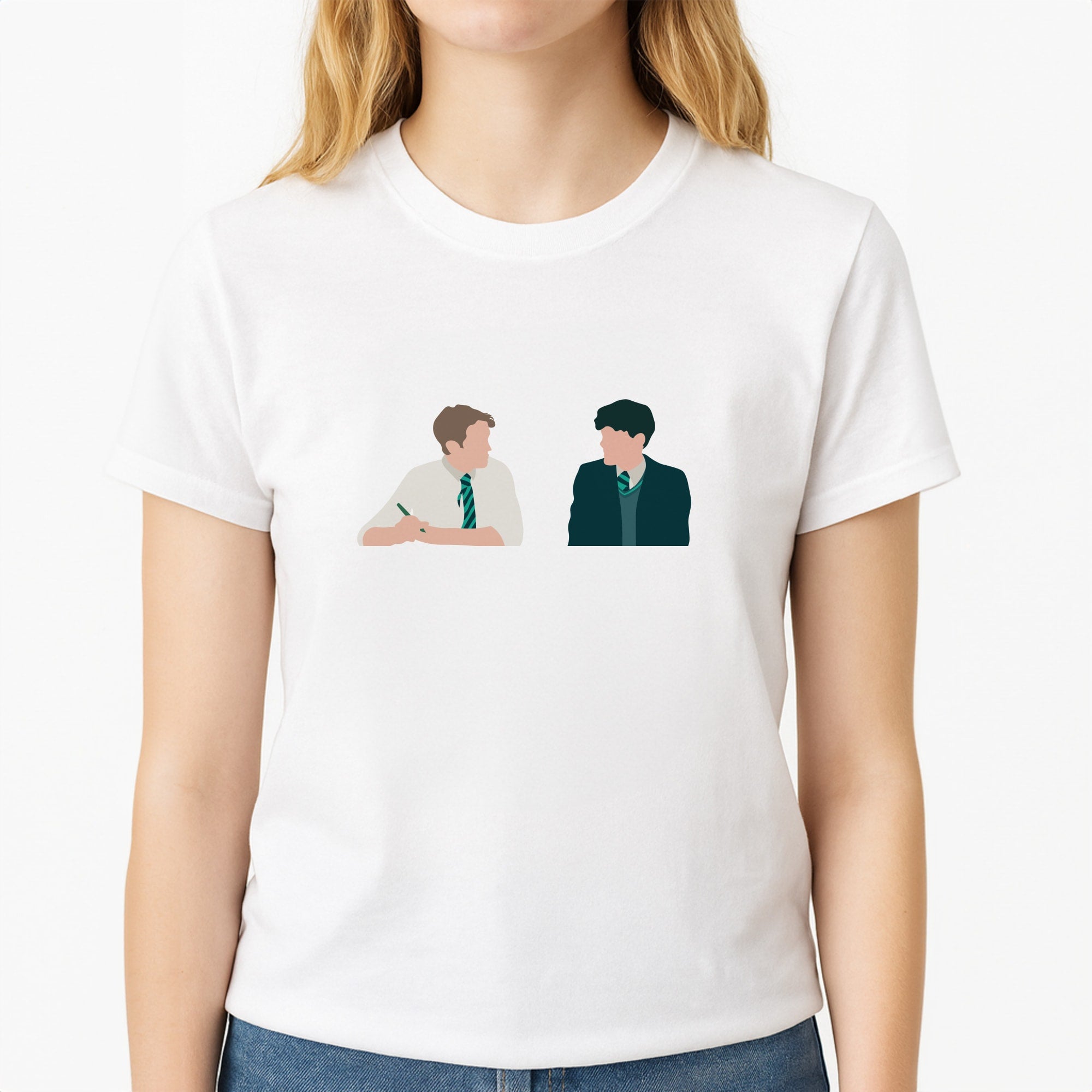 Blue And Yellow - Heart TV Unisex T-Shirt, worn by a female model