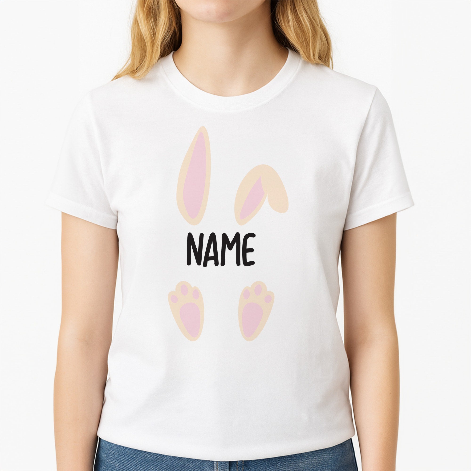 White Bunny Personalised Unisex T-Shirt, worn by a female model