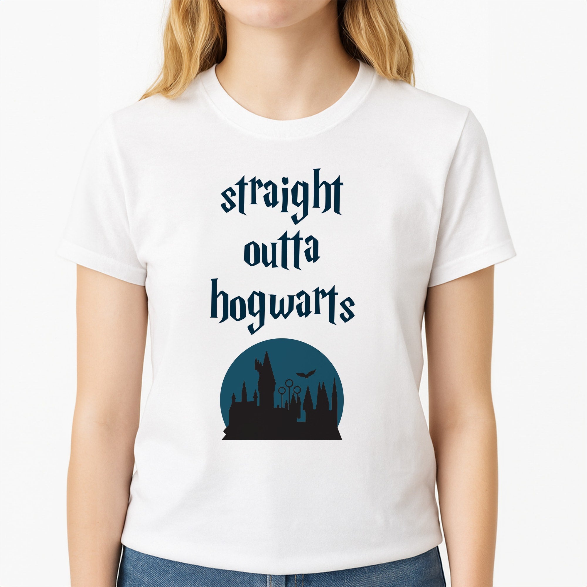 Straight Outta Hogwarts Unisex T-Shirt, worn by a female model