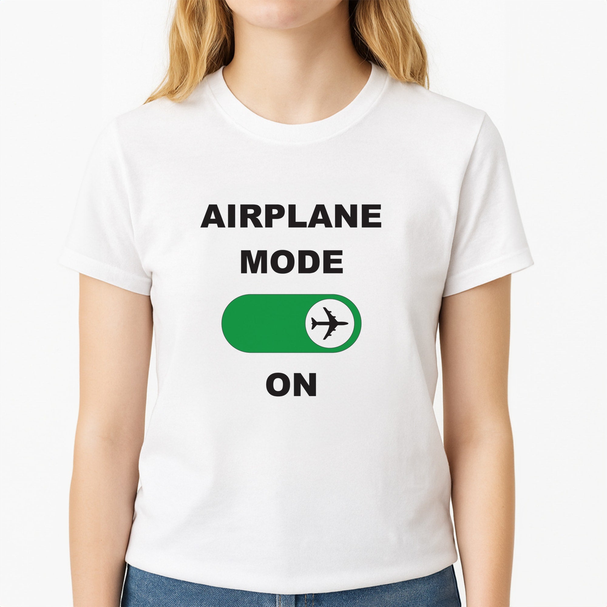 Airplane Mode On - Travel Unisex T-Shirt, worn by a female model