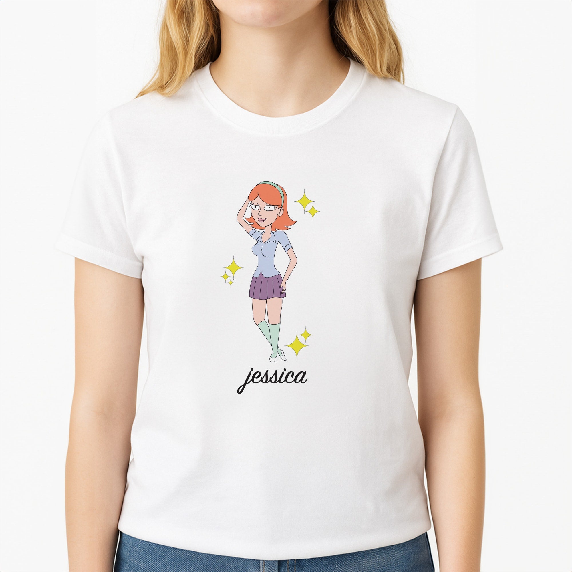 Jessica - RAM Unisex T-Shirt, worn by a female model