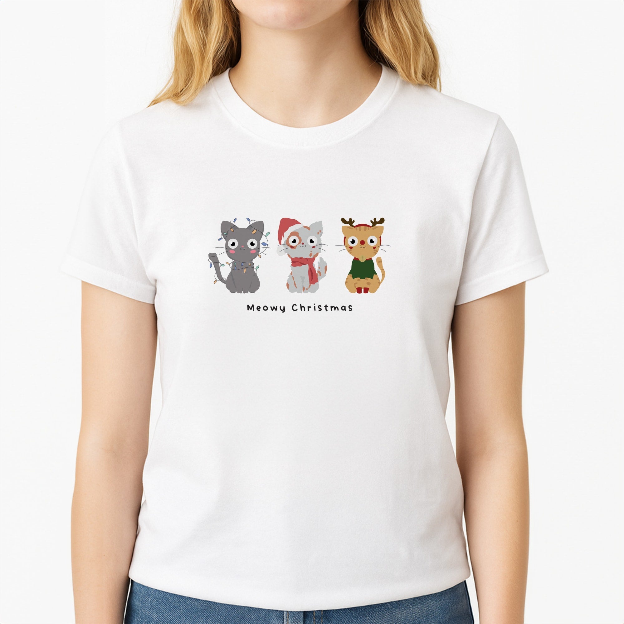 Meowy Christmas Unisex T-Shirt, worn by a female model