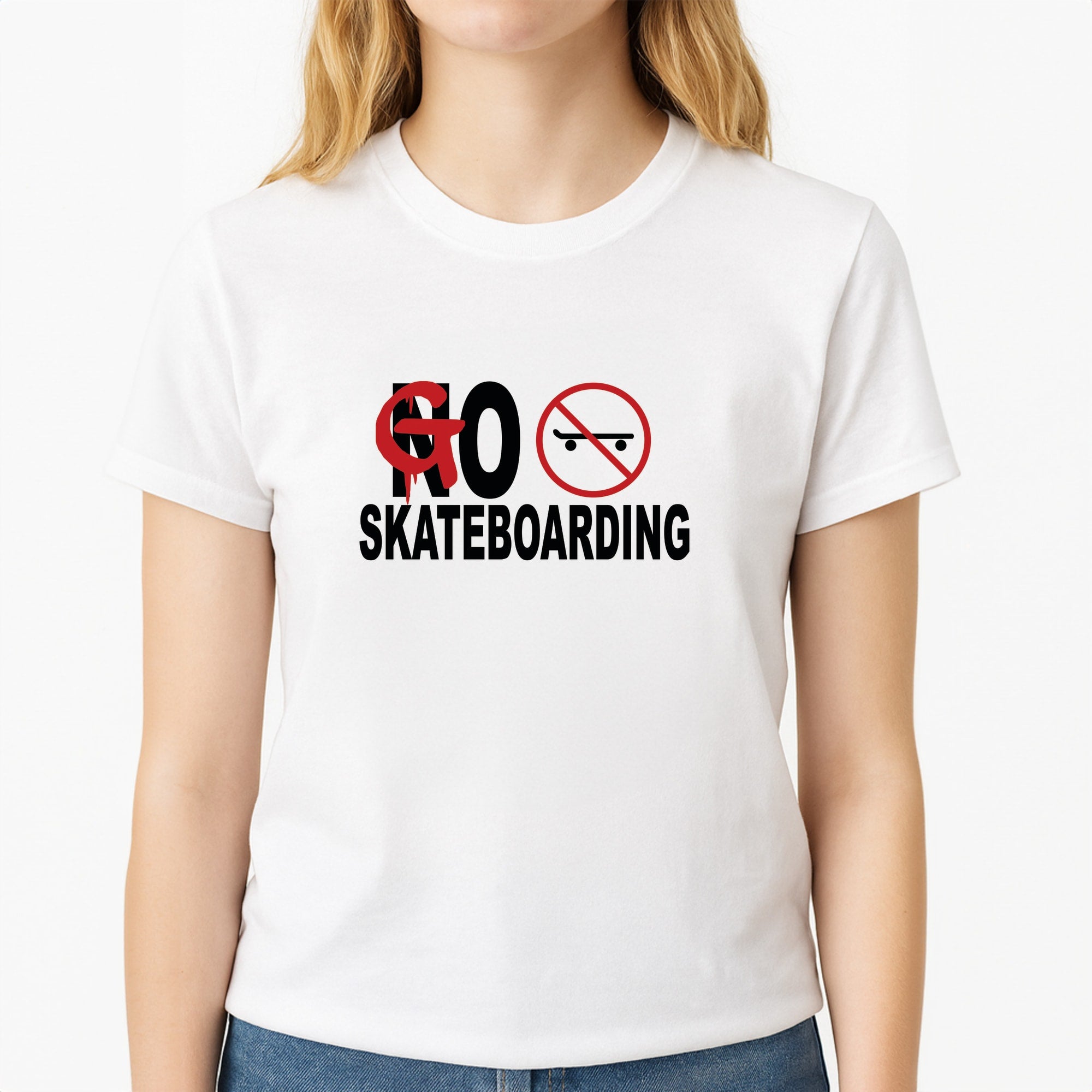 Go Skateboarding - Skate Aesthetic Unisex T-Shirt, worn by a female model