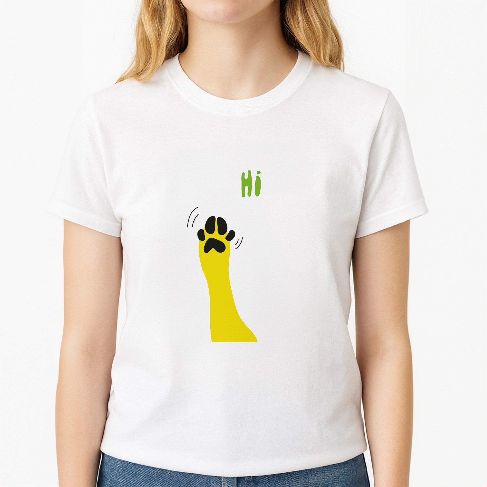 Hi - Dog Patterns Unisex T-Shirt, worn by a female model