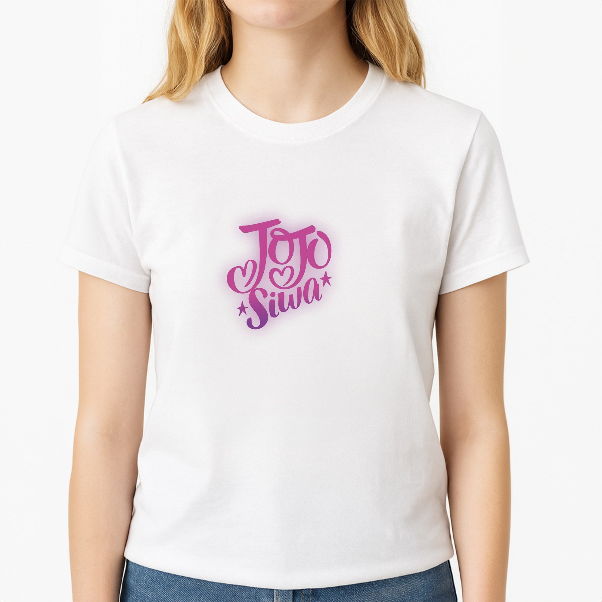 JoJo Siwa Love Heart Unisex T-Shirt, worn by a female model