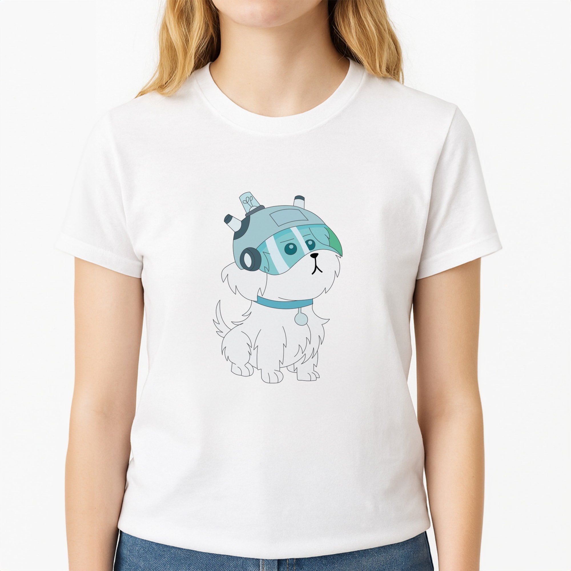 Space Dog - RAM Unisex T-Shirt, worn by a female model
