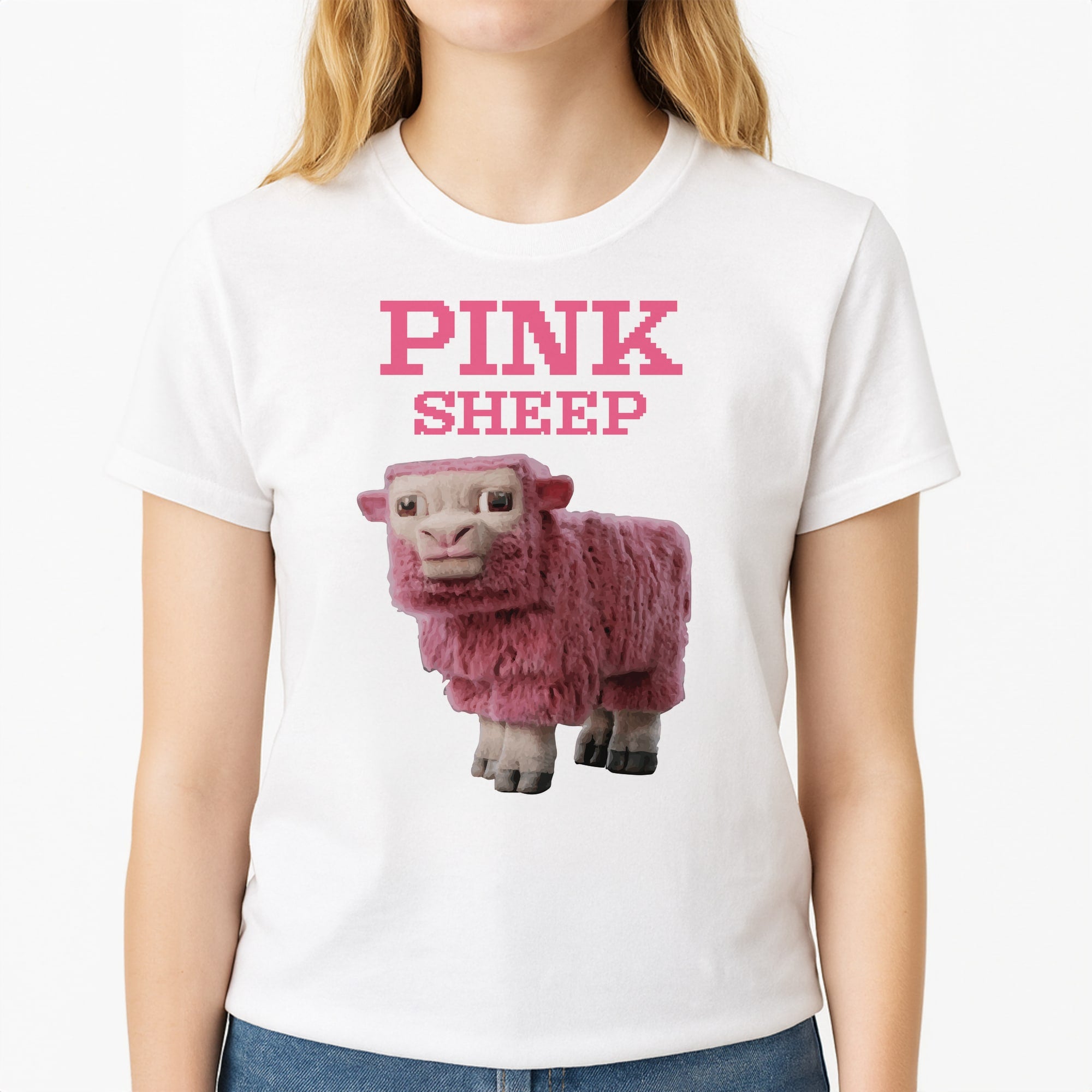 Pink Sheep Unisex T-Shirt, worn by a female model