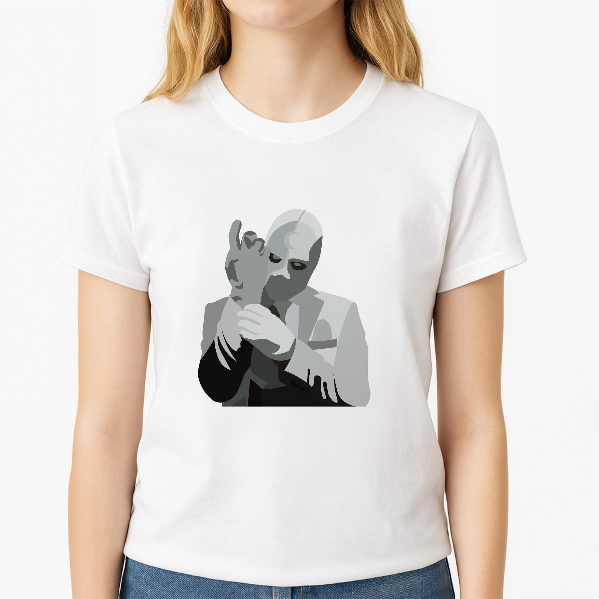 Moon knight Unisex T-Shirt, worn by a female model