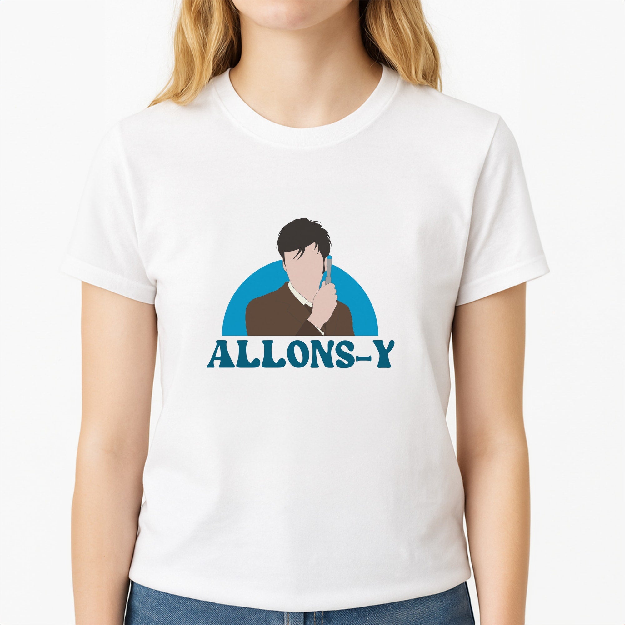 Allons-y Unisex T-Shirt, worn by a female model