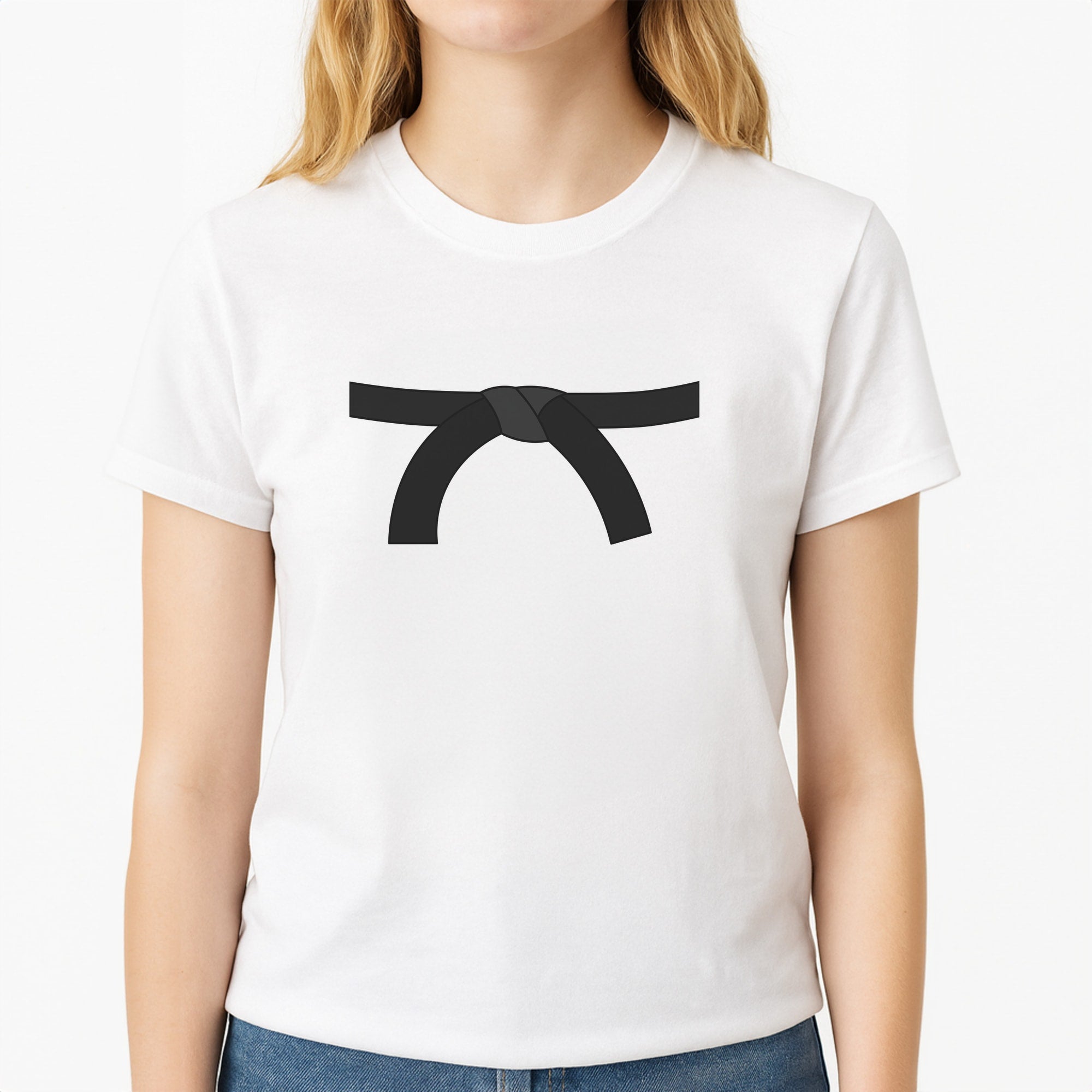 Black Belt Unisex T-Shirt, worn by a female model