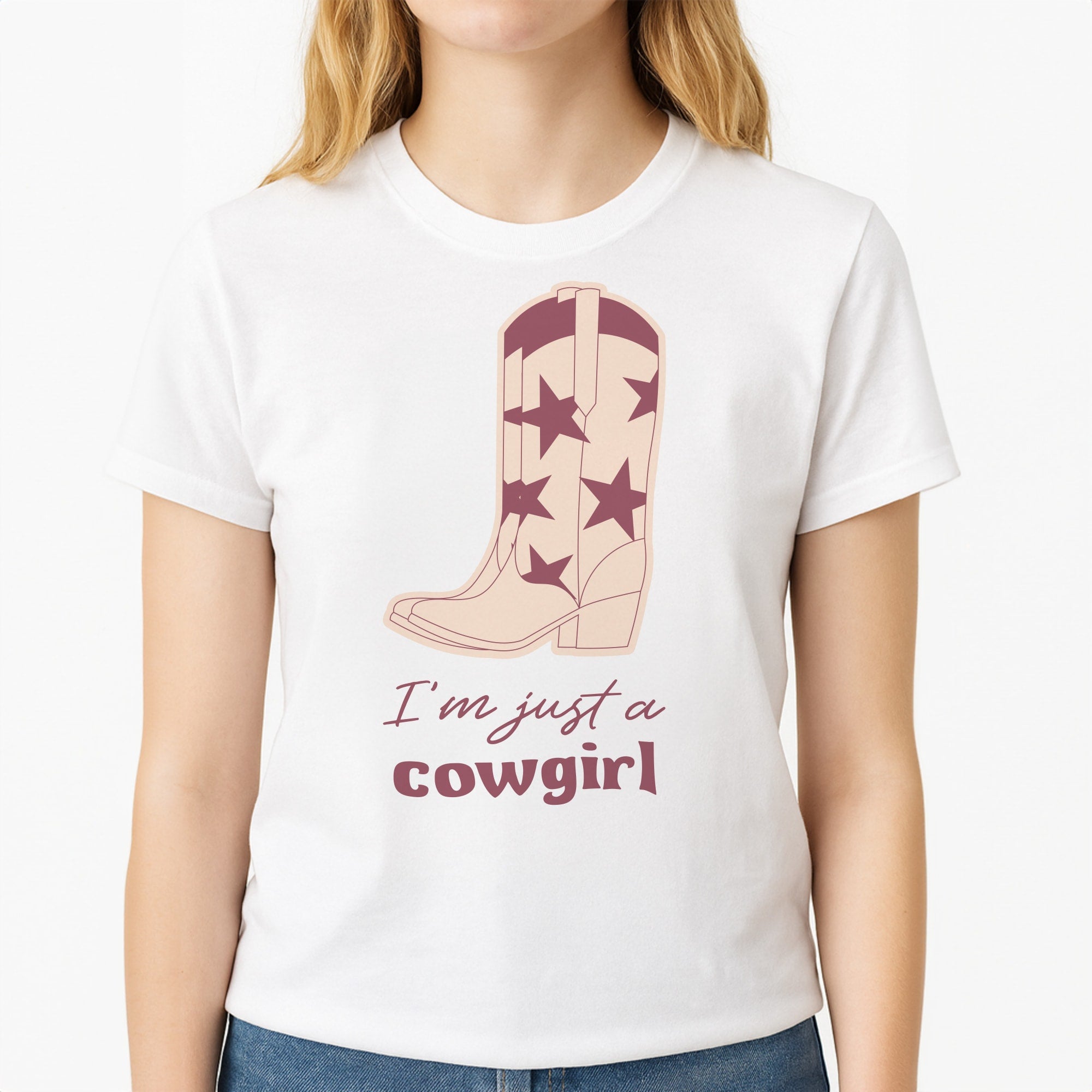 I'm Just A Cowgirl Unisex T-Shirt, worn by a female model